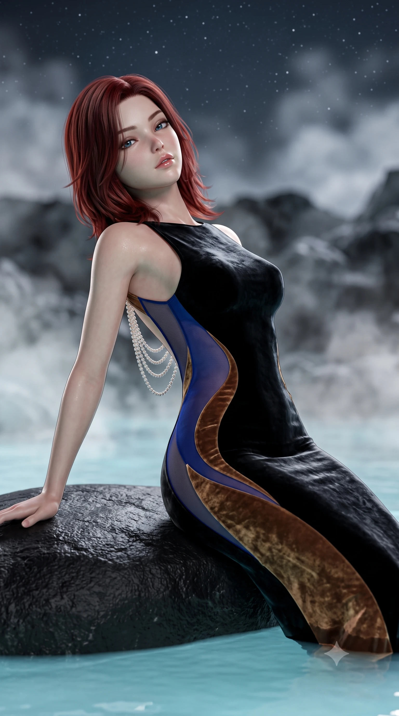 score_9, masterpiece, best quality, ultra-detailed, high-budget anime keyframe, semi-realistic 3D game render, editorial fashion photography, tasteful artistic composition, Korean woman. close-up cowboy shot from the waist and thighs up, the character dominates the composition, filling the frame with her large presence. leaning back with relaxed seductive grace, her sculpted collarbones and narrow waist highlighted as she casts smoldering bedroom-eyes directly into the camera while leaning back against a smooth black lava rock ledge, head tilted back toward the starry Arctic sky as warm water caresses her slender curves. The composition keeps background elements in soft focus with creamy bokeh. swirling geothermal steam clouds and distant volcanic basalt ridges blurred into milky-cyan, deep charcoal, and silver-moonlight bokeh. She has an exceptionally elegant, slender, and willowy female figure with an ultra-slim waist, flat toned midriff, narrow ribcage, and sculpted feminine hips creating an alluring, slim hourglass silhouette without bulk. sharp v-shaped jawline, high-bridge nose, intricate jewel-like eyes with depth, thick eyelashes, glossy parted lips with a natural sheen, intensely captivating and seductive bedroom-eyes expression, flawlessly proportioned anatomical accuracy, strict slender model proportions, natural body alignment, perfectly sculpted long slender limbs, ultra-slim waistline, clean dynamic posture without body distortion. wearing a second-skin black silk jersey maxi dress with asymmetrical sheer mesh side panels tracing the full curve of her hip in royal sapphire blue and liquid bronze, crafted from heavyweight crushed silk velvet with liquid vintage luster, accented with a multi-strand pearl back necklace cascading down her bare spine to her hips, the form-contouring material adhering flawlessly to her sculpted flat midriff and slender torso, emphasizing her long leg lines and perfectly proportioned willowy build. bathed in soft underwater milky-cyan LED lagoon illumination and cool silver full-moon light from above. highly saturated vibrant anime colors, detailed shading with soft gradients, rich glossy textures, high-contrast stereoscopic depth, volumetric dynamic lighting, master piece, 9:16 ratio
