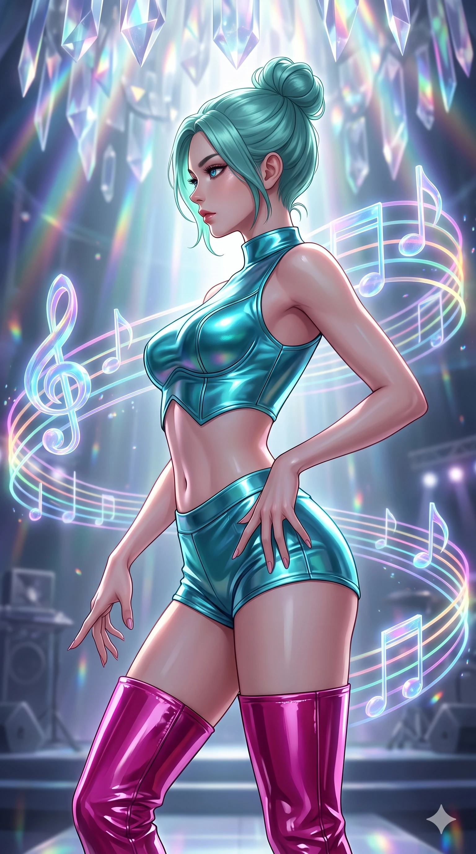 score_9, masterpiece, best quality, ultra-detailed, high-budget anime keyframe, editorial fashion photography, tasteful artistic composition, Japanese woman. close-up cowboy shot from the waist and thighs up, the character dominates the composition, filling the frame with her large presence, background elements kept in soft focus. Turning her face in sharp dramatic profile against the light. set against a soft-focus background of a futuristic concert hall where holographic musical notes materialize as glowing three-dimensional objects that orbit spiral and cascade through the air in luminous trails of sound made visible. She has an exceptionally elegant and slender, willowy female figure with an ultra-slim waist, a gracefully sculpted slender torso, and a refined slim physique. sharp v-shaped jawline, high-bridge nose, intricate jewel-like eyes with depth, thick eyelashes, glossy lips with a natural sheen. wearing a metallic turquoise crop top with matching micro-shorts and thigh-high patent leather boots in a vibrant magenta. cascading rainbow prismatic light refracting through crystal formations overhead. 2k, ultra detail, master piece, 9:16 ratio