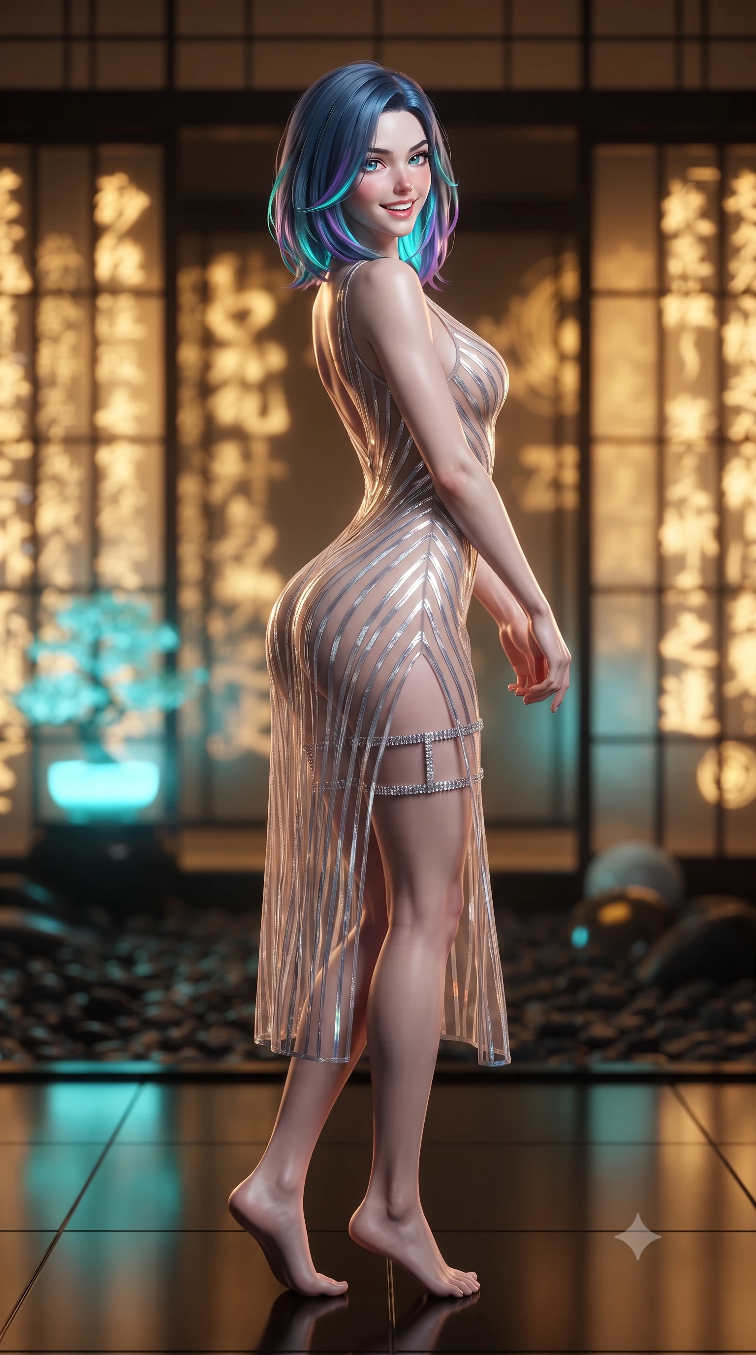 score_9, masterpiece, best quality, ultra-detailed, high-budget anime keyframe, editorial fashion photography, tasteful artistic composition, Caucasian woman. low angle full-body shot from head to toe showing her feet, filling the entire 9:16 vertical frame with her statuesque presence, stretching her vertical silhouette. executing a slow, graceful pivot turn as her skirt sways around her slender legs, glancing back with an enchanting, teasing sensual expression while standing poised on the mirror-polished black smart-tatami floor, arching her spine with aristocratic supermodel poise before glowing golden circuit-inlaid shoji screens. The background shows a soft-focus golden circuitry calligraphy pulsing on translucent paper screens, glowing cyan cryo-bonsai vessel, and black pebble garden blurred into gold, cyan, and ebony bokeh. She has an exceptionally tall and slender model-like 8.5-heads proportion, an ultra-slim waist, a flat toned midriff, narrow delicate ribcage, and beautifully sculpted feminine hips creating a graceful, slim hourglass silhouette without any bulky heaviness, with impossibly long slender legs. sharp v-shaped jawline, high-bridge nose, intricate jewel-like sparkling eyes with depth, thick eyelashes, glossy parted lips with a natural peach sheen, bright cheerful beaming smile with an enchanting and coquettish sensual glint, exuding both youthful cute charm and seductive allure, flawlessly proportioned anatomical accuracy, strict slender model proportions, natural body alignment, perfectly sculpted long slender limbs, ultra-slim waistline, clean dynamic posture without body distortion. wearing a plunge-front sheer illusion tulle combat slip dress with liquid platinum ribbon stripes hugging her curves in iridescent mother-of-pearl and liquid molten silver, woven from fine semi-opaque stretch illusion mesh tracing her slender contours, finished with delicate crystal-encrusted thigh garter straps glinting in the dim light, the form-contouring silhouette accentuating her sculpted flat midriff, narrow delicate ribcage, and gracefully curvy hips with intoxicating allure. illuminated by black tatami reflection bounce and sharp warm-gold rim lights sculpting her jawline, narrow waist, and curvy hips. ultra-reflective glossy finish, specular highlights, rich textural contrasts, high-contrast stereoscopic depth, volumetric dynamic lighting, 2k, ultra detail, master piece, 9:16 ratio