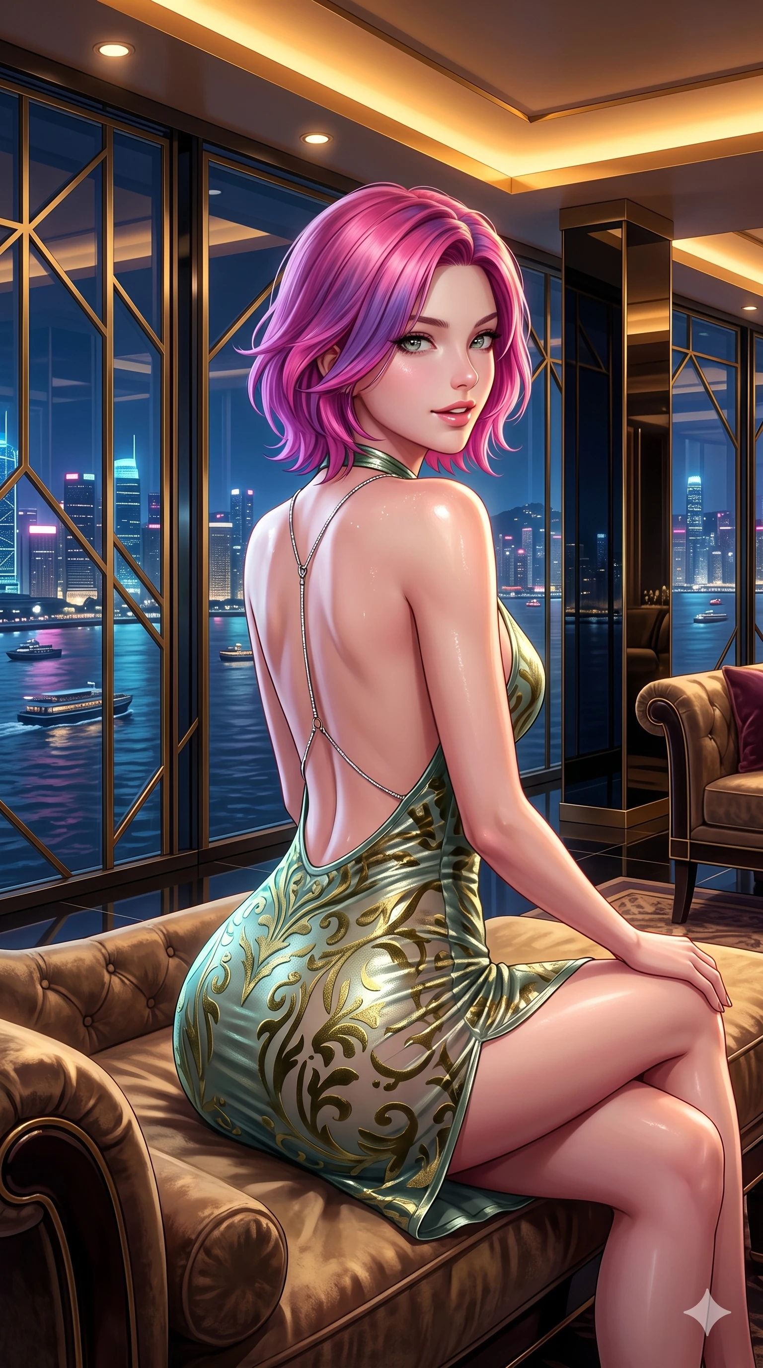 score_9, masterpiece, best quality, ultra-detailed, high-budget anime keyframe, semi-realistic 3D game render, editorial fashion photography, tasteful artistic composition, Caucasian woman. close-up cowboy shot from the waist and thighs up, the character dominates the composition, filling the frame with her large presence. posing in an alluring rear three-quarter angle, looking over a bare shoulder with parted glossy lips, her hips cocked back to highlight her slim hourglass curve while lounging in a velvet chaise lounge propped on one elbow with legs crossed, flashing an intoxicating smile with parted glossy lips as river traffic glides past. The surrounding environment is rendered in vivid detail and crisp panoramic clarity: sharp geometric brass window grill bevels, mirror-polished black lacquer pillar reflections, and crisp skyline window grids in deep focus. She has an exceptionally elegant, slender, and willowy female figure with an ultra-slim waist, flat toned midriff, narrow ribcage, and sculpted feminine hips creating an alluring, slim hourglass silhouette without bulk. sharp v-shaped jawline, high-bridge nose, intricate jewel-like sparkling eyes with depth, thick eyelashes, glossy parted lips with a natural sheen, intensely captivating and seductive bedroom-eyes expression, exuding both youthful cute charm and sovereign luxury allure, flawlessly proportioned anatomical accuracy, strict slender model proportions, natural body alignment, perfectly sculpted long slender limbs, ultra-slim waistline, clean dynamic posture without body distortion. wearing an alluring backless metallic lamé halterneck mini dress with deep scoop back down to her lower spine and thigh-high slit in celadon jade and antique gold-leaf, made of sheer contouring power-mesh with velvet flocking patterns, accented with a chrome-drop body harness subtly framing her dewy collarbones and spine, the form-contouring material adhering flawlessly to her sculpted flat midriff and slender torso, emphasizing her long leg lines and perfectly proportioned willowy build. bathed in the prestigious warm 2600K amber glow of recessed Art Deco cove lighting combined with cool neon skyline fill through panoramic glass. highly saturated vibrant anime colors, detailed shading with soft gradients, rich glossy textures, high-contrast stereoscopic depth, volumetric dynamic lighting, master piece, 9:16 ratio