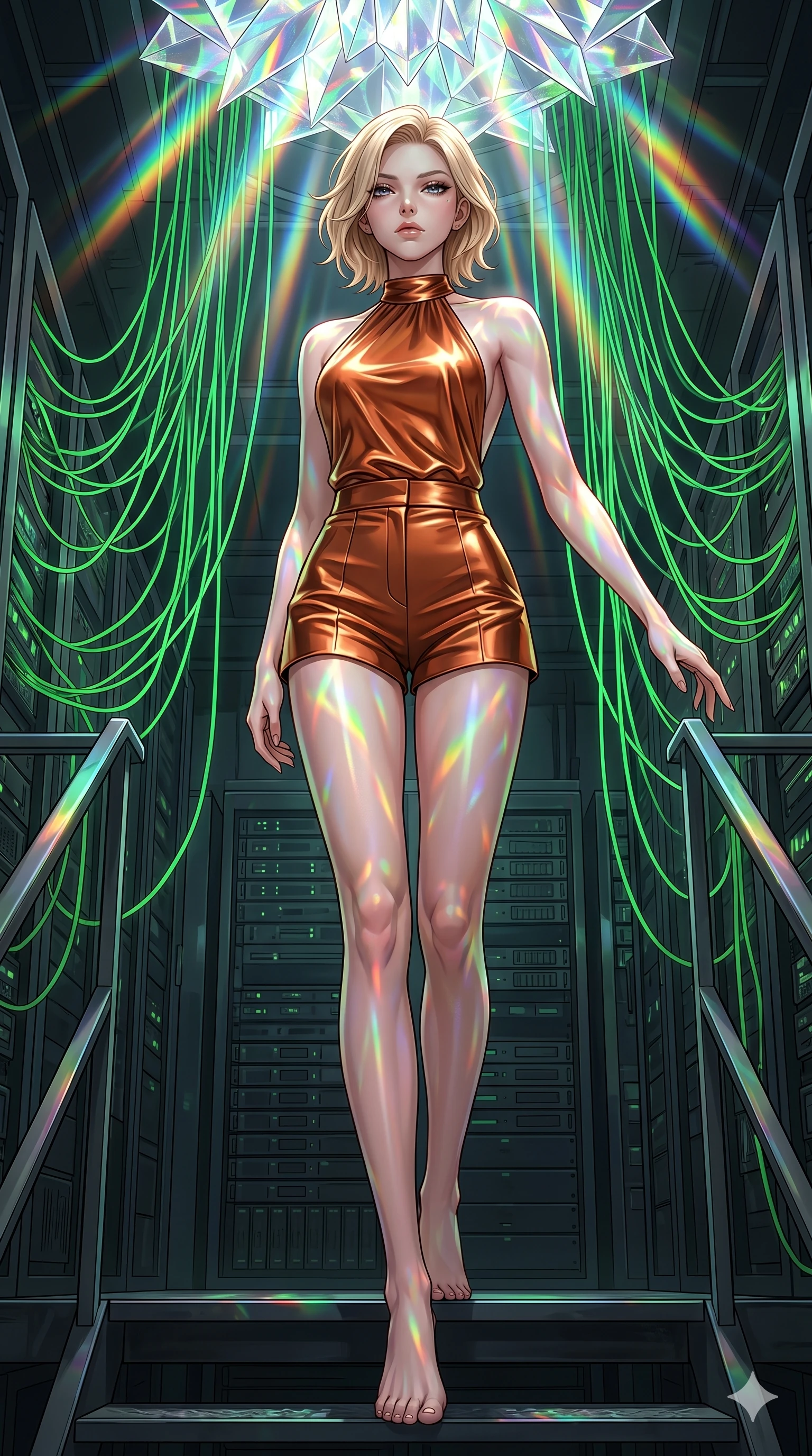 score_9, masterpiece, best quality, ultra-detailed, high-budget anime keyframe, editorial fashion photography, tasteful artistic composition, Caucasian woman, strictly human ears. low angle full-body shot from head to toe showing her feet, filling the entire 9:16 vertical frame with her statuesque presence, stretching her vertical silhouette. Descending like royalty with one hand trailing behind her inside an abandoned cybernetic server vault where neon-green wires drape like willow branches. She has an absolutely perfect 8-heads proportion, an exceptionally tall and slender female figure with impossibly long slender legs and an ultra-slim waist. V-shaped jawline, high-bridge nose, intricate jewel-like eyes with depth, thick eyelashes, glossy lips with a natural sheen. wearing a halter-neck top in liquid copper fabric with an open-back design, paired with matching high-waist tailored shorts that elongate her slender silhouette. illuminated by cascading rainbow prismatic light refracting through crystal overhead and casting patterns on her skin. 2k, ultra detail, master piece, 9:16 ratio