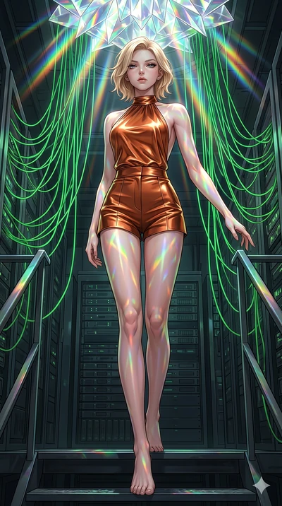 score_9, masterpiece, best quality, ultra-detailed, high-budget anime keyframe, editorial fashion photography, tasteful artistic composition, Caucasian woman, strictly human ears. low angle full-body shot from head to toe showing her feet, filling th