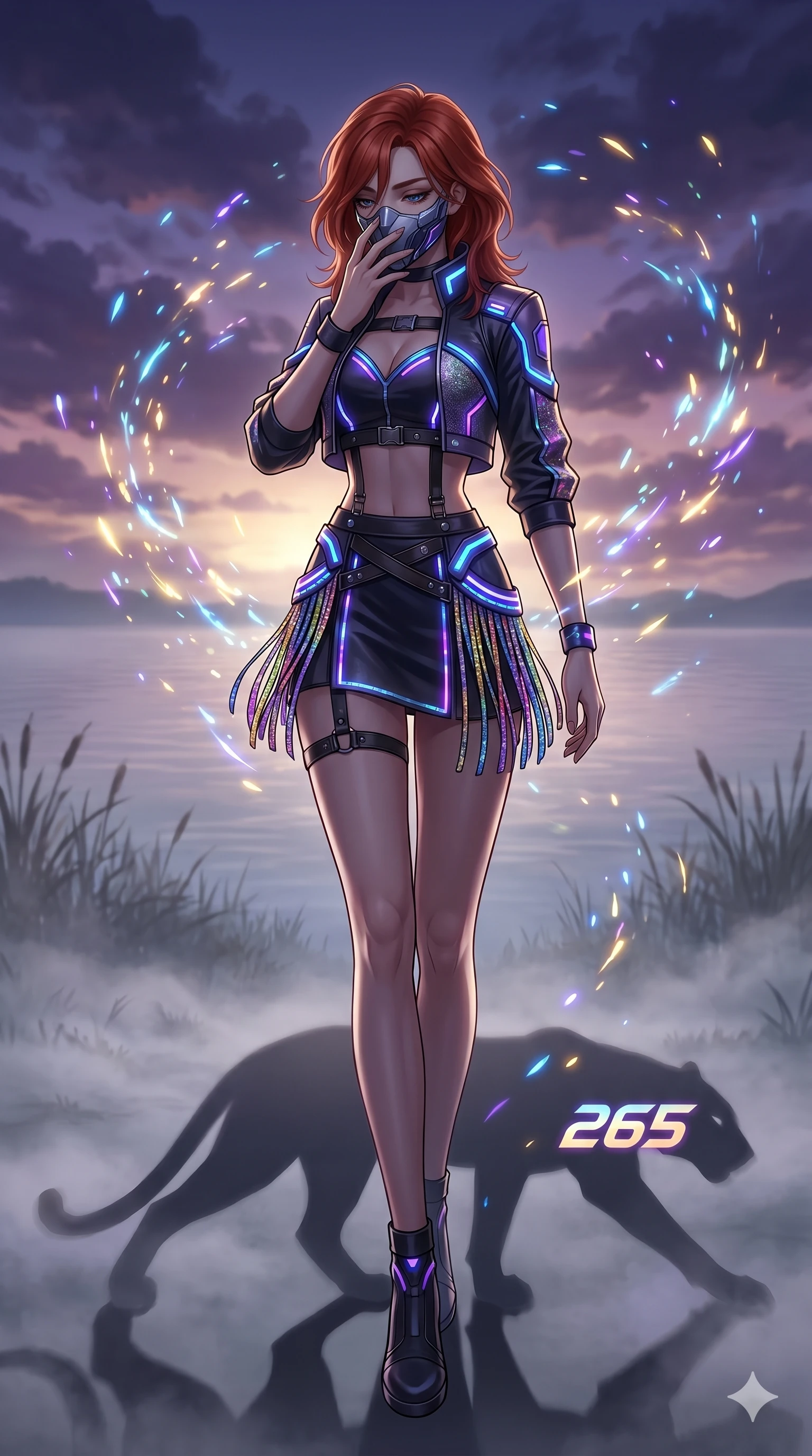 score_9, masterpiece, best quality, ultra-detailed, Set A: High-budget Anime Keyframe, Japanese woman. Low angle cowboy shot filling the entire 9:16 frame with her statuesque presence. Adjusting a mask through a misty lakeside at dawn, while her shadow mimics the movements of a predator 265 and surrounded by glowing energy sparks. She has an absolutely perfect 8-heads proportion, an exceptionally tall and slender female figure with impossibly long slender legs and an ultra-slim waist. Sharp v-shaped jawline, high-bridge nose, intricate jewel-like eyes with depth, thick eyelashes, glossy lips with a natural sheen. Wearing Cyberpunk idol stage outfit with glittery fringes, leather straps, and glowing LED accents. Cinematic lighting, vibrant colors, dramatic shadows, 2k, ultra detail, master piece, 9:16 ratio