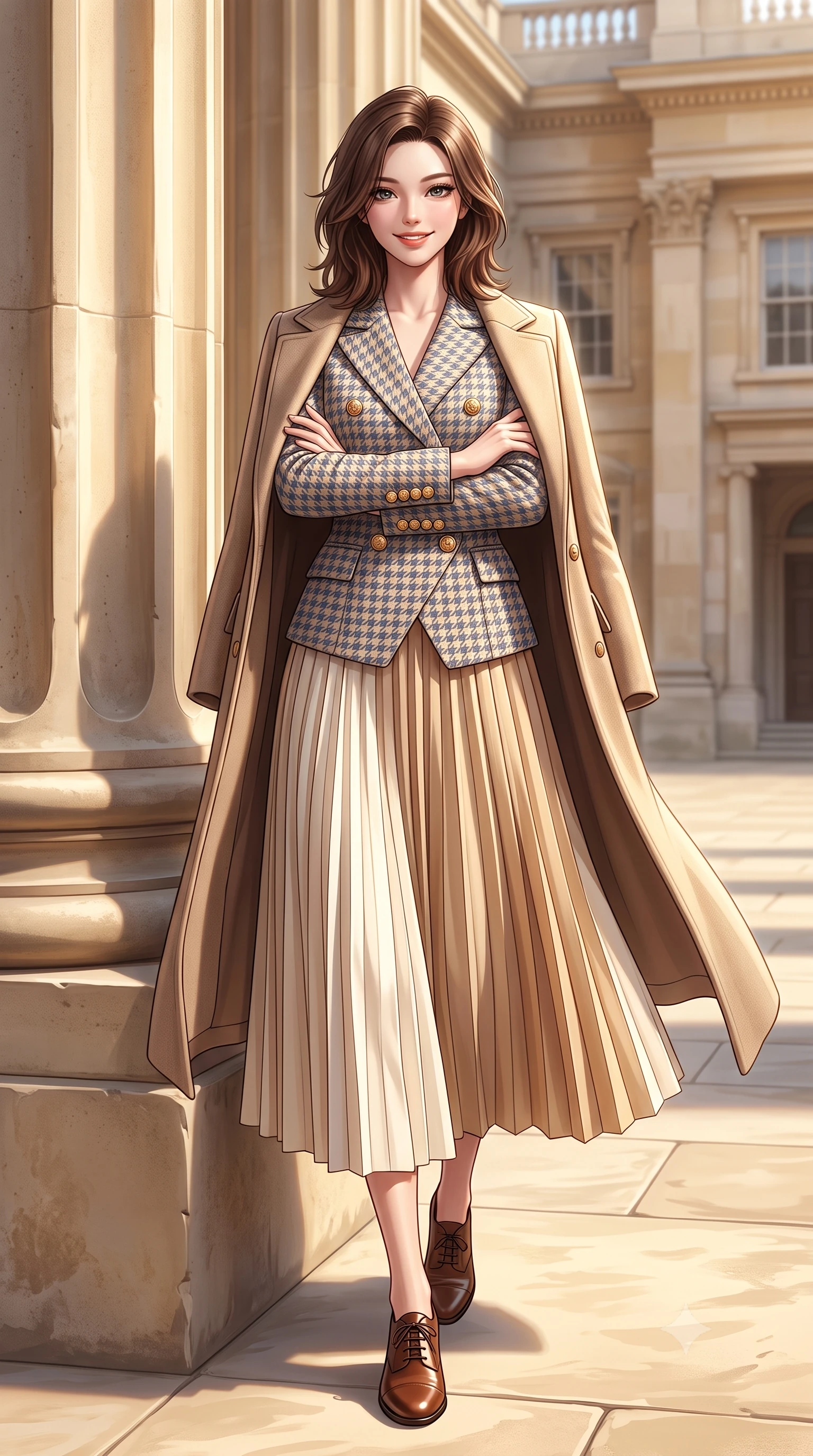 score_9, masterpiece, best quality, ultra-detailed, high-budget anime keyframe, semi-realistic 3D game render, editorial fashion photography, tasteful artistic composition, Korean woman. low angle full-body shot from head to toe showing her feet, filling the entire 9:16 vertical frame with her statuesque presence, stretching her vertical silhouette. leaning lightly against the sunlit architectural column with arms crossed loosely, flashing a warm, confident smile while stepping gracefully across the vast limestone courtyard floor, her long tailored coat flowing with statuesque elegance. The surrounding environment is rendered in vivid detail and crisp panoramic clarity: detailed houndstooth tweed jacket weave, gold embossed coin buttons, and monumental British architecture in high resolution. She has an exceptionally tall and slender model-like 8.5-heads proportion, an ultra-slim waist, a flat toned midriff, narrow delicate ribcage, and beautifully sculpted feminine hips creating a graceful, slim hourglass silhouette without any bulky heaviness, with impossibly long slender legs. sharp v-shaped jawline, high-bridge nose, intricate jewel-like sparkling eyes with depth, thick eyelashes, glossy parted lips with a natural peach sheen, bright cheerful beaming smile with an enchanting and coquettish sensual glint, exuding both youthful cute charm and seductive allure, flawlessly proportioned anatomical accuracy, strict slender model proportions, natural body alignment, perfectly sculpted long slender limbs, ultra-slim waistline, clean dynamic posture without body distortion. wearing an asymmetrical-wrap tailored wool jacket with clean geometric lines paired with a structured pleated maxi skirt in soft champagne ivory and warm biscuit beige, made of crisp Egyptian cotton poplin with pristine tailored pressing, complemented by classic polished leather oxfords with brogue perforations, the sharp shoulder tailoring and gently nipped waist framing her slender torso with pristine sartorial perfection. illuminated by pale stone reflection bounce and sharp platinum rim lights sculpting her jawline, narrow waist, and statuesque proportions. highly saturated vibrant anime colors, detailed shading with soft gradients, rich glossy textures, high-contrast stereoscopic depth, volumetric dynamic lighting, master piece, 9:16 ratio