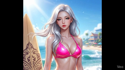 A vibrant 8-second close-up shot of a silver-haired surfer at the beach. Her hair is gently blowing in the sea breeze. The bright sun is shining behind her, creating a beautiful lens flare. The ocean waves are visible in the background. Bright, energ