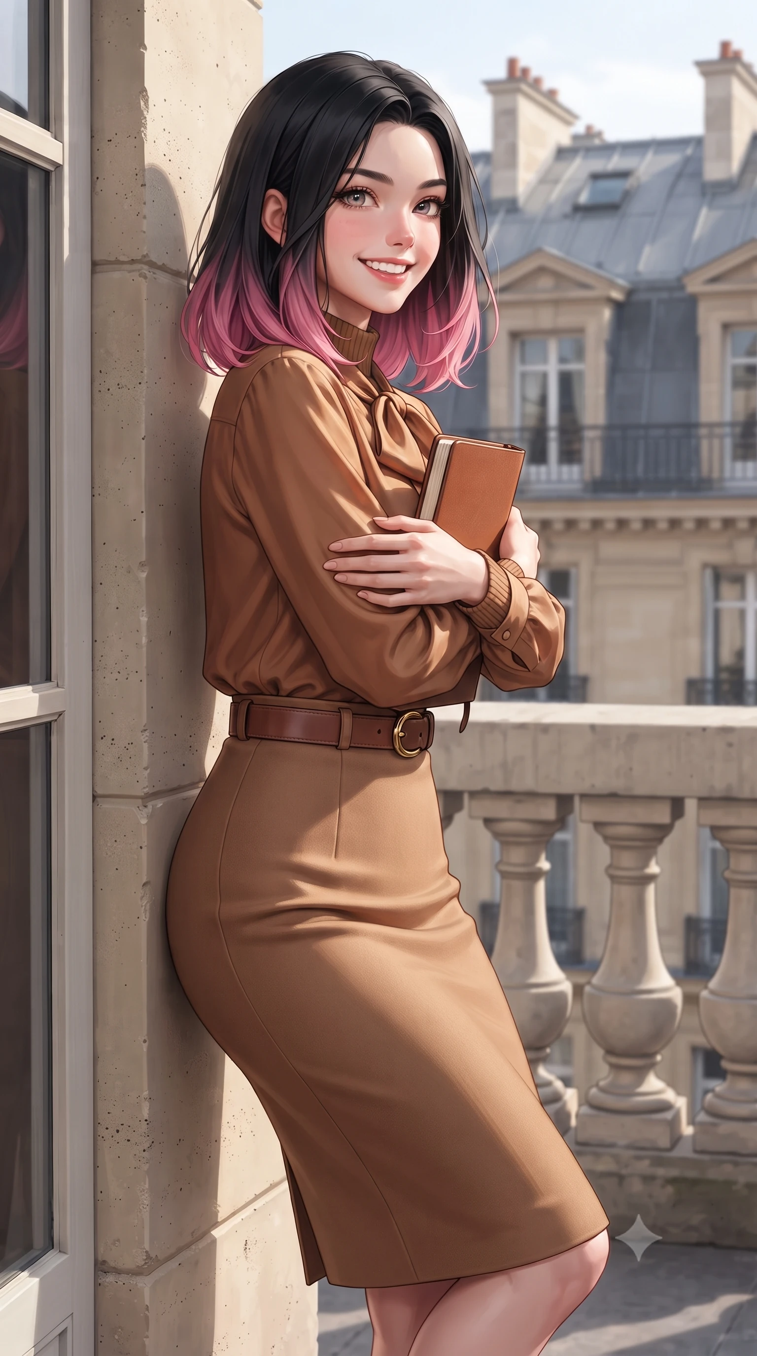 score_9, masterpiece, best quality, ultra-detailed, high-budget anime keyframe, editorial fashion photography, tasteful artistic composition, Korean woman. close-up cowboy shot from the waist and thighs up, the character dominates the composition, filling the frame with her large presence. holding a leather notebook close to her chest with both arms, smiling delightfully with youthful scholarly grace while leaning against the exterior limestone window frame with one hand resting on the balustrade, glancing back with sophisticated Parisian charm. The surrounding environment is rendered in vivid detail and crisp panoramic clarity: detailed ribbed merino knit sweater collar, tailored wide-leg trousers, and Haussmann architectural craft in high resolution. She has an exceptionally elegant, slender, and willowy female figure with an ultra-slim waist, flat toned midriff, narrow ribcage, and sculpted feminine hips creating an alluring, slim hourglass silhouette without bulk. sharp v-shaped jawline, high-bridge nose, intricate jewel-like sparkling eyes with depth, thick eyelashes, glossy parted lips with a natural peach sheen, bright cheerful beaming smile with an enchanting and coquettish sensual glint, exuding both youthful cute charm and seductive allure, flawlessly proportioned anatomical accuracy, strict slender model proportions, natural body alignment, perfectly sculpted long slender limbs, ultra-slim waistline, clean dynamic posture without body distortion. wearing a fluid silk crepe pussy-bow blouse paired with a high-waisted tailored pencil midi skirt and slim leather belt in warm winter cinnamon and toasted caramel, woven from fine Australian merino wool with a smooth fluid drape and subtle sheen, finished with a smooth equestrian bridle-leather belt with a polished brass horseshoe buckle, the streamlined silhouette following her natural slender proportions with sophisticated poise, enhancing her tall willowy presence. illuminated by zinc roof reflection fill and clean pearlescent rim lights accentuating her sharp jawline and willowy silhouette. ultra-reflective glossy finish, specular highlights, rich textural contrasts, high-contrast stereoscopic depth, volumetric dynamic lighting, 2k, ultra detail, master piece, 9:16 ratio