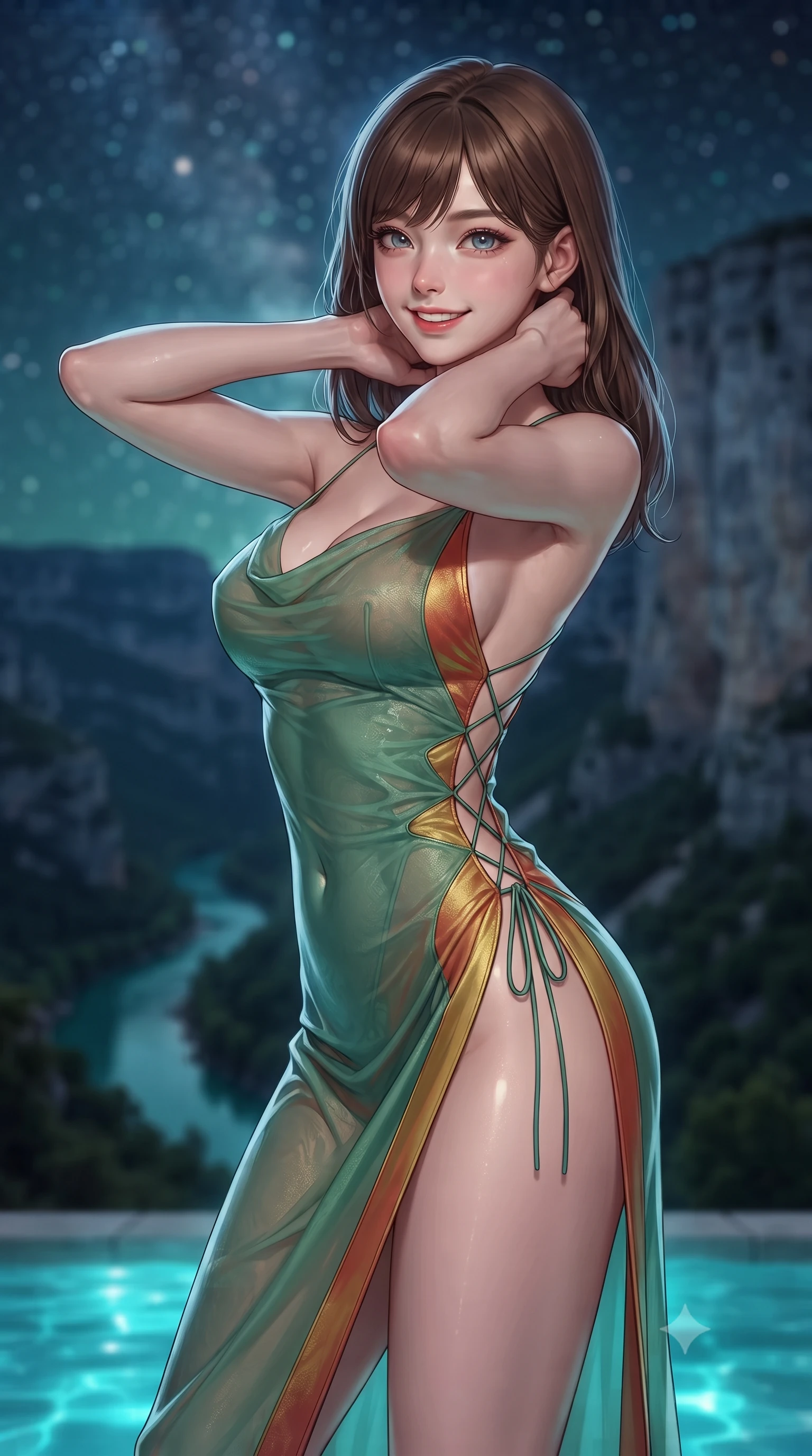 score_9, masterpiece, best quality, ultra-detailed, high-budget anime keyframe, editorial fashion photography, tasteful artistic composition, Korean woman. close-up cowboy shot from the waist and thighs up, the character dominates the composition, filling the frame with her large presence. resting both hands lightly behind her neck with elbows raised, arching her spine to highlight her narrow waist, flat midriff, and breathtaking collarbones while twisting her slender torso in an alluring contrapposto stance, glowing turquoise pool water and moonlight wrapping around her flat midriff and hips. The background shows a soft-focus monumental vertical limestone canyon walls towering into the night, winding emerald-turquoise Verdon river far below, and starry sky blurred into jade, turquoise, and silver bokeh. She has an exceptionally elegant, slender, and willowy female figure with an ultra-slim waist, flat toned midriff, narrow ribcage, and sculpted feminine hips creating an alluring, slim hourglass silhouette without bulk. sharp v-shaped jawline, high-bridge nose, intricate jewel-like sparkling eyes with depth, thick eyelashes, glossy parted lips with a natural peach sheen, bright cheerful beaming smile with an enchanting and coquettish sensual glint, exuding both youthful cute charm and seductive allure, flawlessly proportioned anatomical accuracy, strict slender model proportions, natural body alignment, perfectly sculpted long slender limbs, ultra-slim waistline, clean dynamic posture without body distortion. wearing a form-contouring gossamer silk chiffon slip dress with a hip-high slit and open cowl back clinging with dewy moisture in Tanjong Pagar Peranakan jade green and gilded vermilion, woven from buttery-soft stretch lambskin leather adhering to her body like a second skin, featuring fine criss-cross lace-up side ties revealing tantalizing glimpses of her hip curve, the form-contouring silhouette accentuating her sculpted flat midriff, narrow delicate ribcage, and gracefully curvy hips with intoxicating allure. illuminated by pool water reflection bounce and sharp platinum-cyan rim lights defining her dewy collarbones, ultra-slim waist, and curvy hips. ultra-reflective glossy finish, specular highlights, rich textural contrasts, high-contrast stereoscopic depth, volumetric dynamic lighting, 2k, ultra detail, master piece, 9:16 ratio