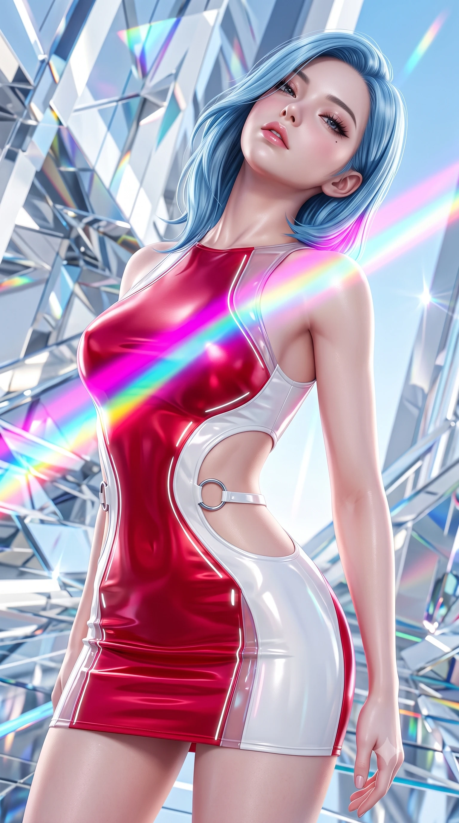 score_9, masterpiece, best quality, ultra-detailed, high-budget anime keyframe, semi-realistic 3D game render, editorial fashion photography, tasteful artistic composition, Korean woman. close-up cowboy shot from the waist and thighs up, the character dominates the composition, filling the frame with her large presence. tilting her head back with a sensual alluring expression, exposing her throat and shoulders to the camera with heavy lashes and softly parted glossy lips while twisting her upper body in a dynamic S-curve as brilliant magenta, cyan, and yellow prism beams cross her chest. The surrounding environment is rendered in vivid detail and crisp panoramic clarity. vivid high-saturation spectrum colors and high-key white daylight rendered with environmental sharpness. She has an exceptionally elegant, slender, and willowy female figure with an ultra-slim waist, a gracefully sculpted slender torso, toned flat midriff, and a refined slim silhouette. sharp v-shaped jawline, high-bridge nose, intricate jewel-like eyes with depth, thick eyelashes, glossy lips with a natural sheen, flawlessly proportioned anatomical accuracy, strict slender model proportions, natural body alignment, perfectly sculpted long slender limbs, ultra-slim waistline, clean dynamic posture without body distortion. wearing a second-skin fashion-latex mini dress with a clean architectural front, featuring an open-back design that wraps around the sides of her waist, showcasing her slender silhouette in radiant crimson silk and crisp snow white, tailored from semi-translucent cybernetic vinyl with glowing micro-filaments, detailed with polished silver rings connecting the daring side-waist cutouts, the precision-cut daring openings accentuating her delicate midriff, graceful bare collarbones, and ultra-slim feminine waistline. illuminated by high-contrast specular reflections on crystal and polished surfaces. highly saturated vibrant anime colors, detailed shading with soft gradients, rich glossy textures, high-contrast stereoscopic depth, volumetric dynamic lighting, master piece, 9:16 ratio