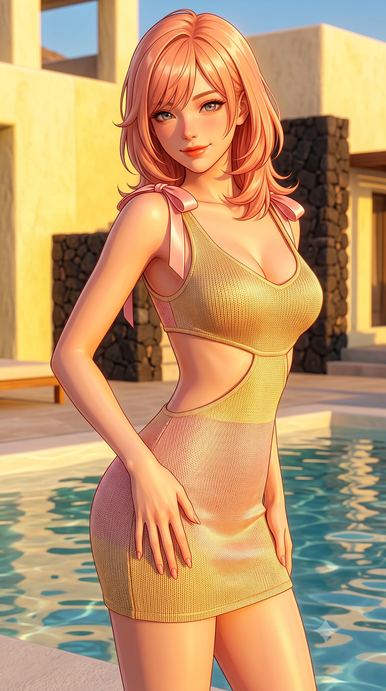 score_9, masterpiece, best quality, ultra-detailed, high-budget anime keyframe, semi-realistic 3D game render, editorial fashion photography, tasteful artistic composition, Japanese woman. close-up cowboy shot from the waist and thighs up, the character dominates the composition, filling the frame with her large presence. tilting her head with a cute beaming smile while arching her spine with effortless dancer poise, one hand sliding along her hip line in a flirtatious S-curve while twisting her slender torso in an alluring contrapposto stance beside the water, her sleek resort silhouette highlighted by golden hour glow. The surrounding environment is rendered in vivid detail and crisp panoramic clarity. sharp lime-washed plaster texture, volcanic black stone accents, and crystal-clear pool water ripples in deep focus. She has an exceptionally elegant, slender, and willowy female figure with an ultra-slim waist, flat toned midriff, narrow ribcage, and sculpted feminine hips creating an alluring, slim hourglass silhouette without bulk. sharp v-shaped jawline, high-bridge nose, sparkling amber-hazel eyes with depth, long lush eyelashes, glossy sun-kissed lips with a warm coral glaze, radiant teasing smile with sensual sunlit bedroom-eyes, exuding effortless old-money elegance and intoxicating sun-drenched allure, flawlessly proportioned anatomical accuracy, strict slender model proportions, natural body alignment, perfectly sculpted long slender limbs, ultra-slim waistline, clean dynamic posture without body distortion. wearing a cut-out golden metallic knit mini dress with open-waist architecture emphasizing her hourglass curves in sweet strawberry milk and warm butter yellow, crafted from fine lightweight breathable linen with an effortless natural drape, finished with cute satin bow ribbons tying at the shoulders, the high-waisted tailoring accentuating her ultra-slim waistline and the enchanting curve of her feminine hips with alluring sunlit charm. bathed in intense, glowing Mediterranean golden hour sunlight that bathes every surface in warm amber and gold. highly saturated vibrant anime colors, detailed shading with soft gradients, rich glossy textures, high-contrast stereoscopic depth, volumetric dynamic lighting, master piece, 9:16 ratio