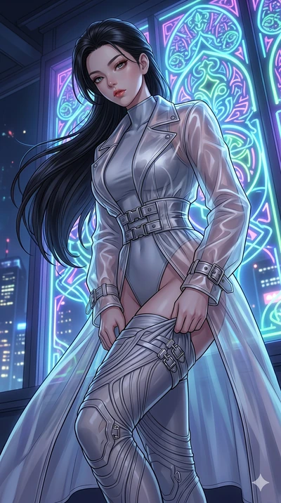 score_9, masterpiece, best quality, ultra-detailed, High-budget Anime Keyframe, East Asian woman. Low angle cowboy shot filling the entire 9:16 frame with her statuesque presence. Scenario 57: Adjusting her sculptural over-the-knee stocking by a glow