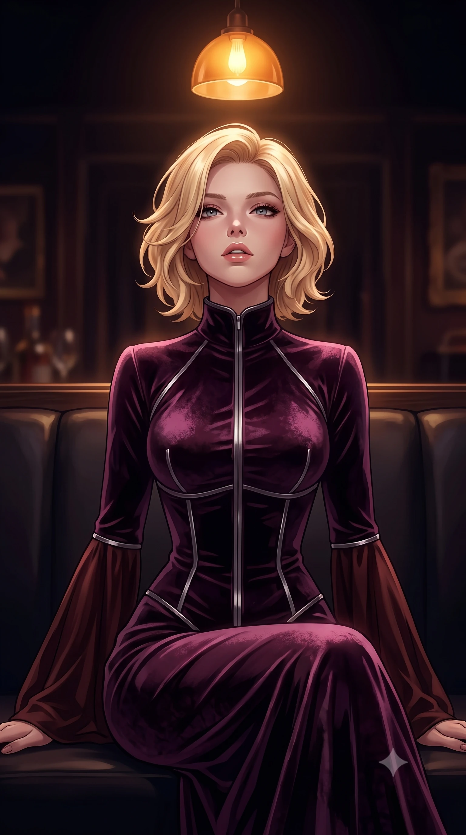 score_9, masterpiece, best quality, ultra-detailed, high-budget anime keyframe, editorial fashion photography, tasteful artistic composition, Caucasian woman. close-up cowboy shot from the waist and thighs up, the character dominates the composition, filling the frame with her large presence, background elements kept in soft focus. Tilting her chin up slightly with lips parted in a composed, magnetic expression, looking up with a magnetic, composed expression from a dark private booth, sensual nocturnal ambiance with high-fashion luxury details. She has an exceptionally elegant, slender, and willowy female figure with an ultra-slim waist, a gracefully sculpted slender torso, and a refined silhouette. sharp v-shaped jawline, high-bridge nose, intricate jewel-like eyes with depth, thick eyelashes, glossy lips with a natural sheen. wearing gothic high-collar dark plum silk evening gown with bell sleeves in dark mahogany, made of crushed dark silk velvet, finished with metallic silver boning and sleek zipper points, following her slender form with tailored precision. illuminated by a single warm amber pendant light directly above into pitch darkness. highly saturated vibrant anime colors, detailed shading with soft gradients, rich glossy textures, high-contrast stereoscopic depth, volumetric dynamic lighting, master piece, 9:16 ratio
