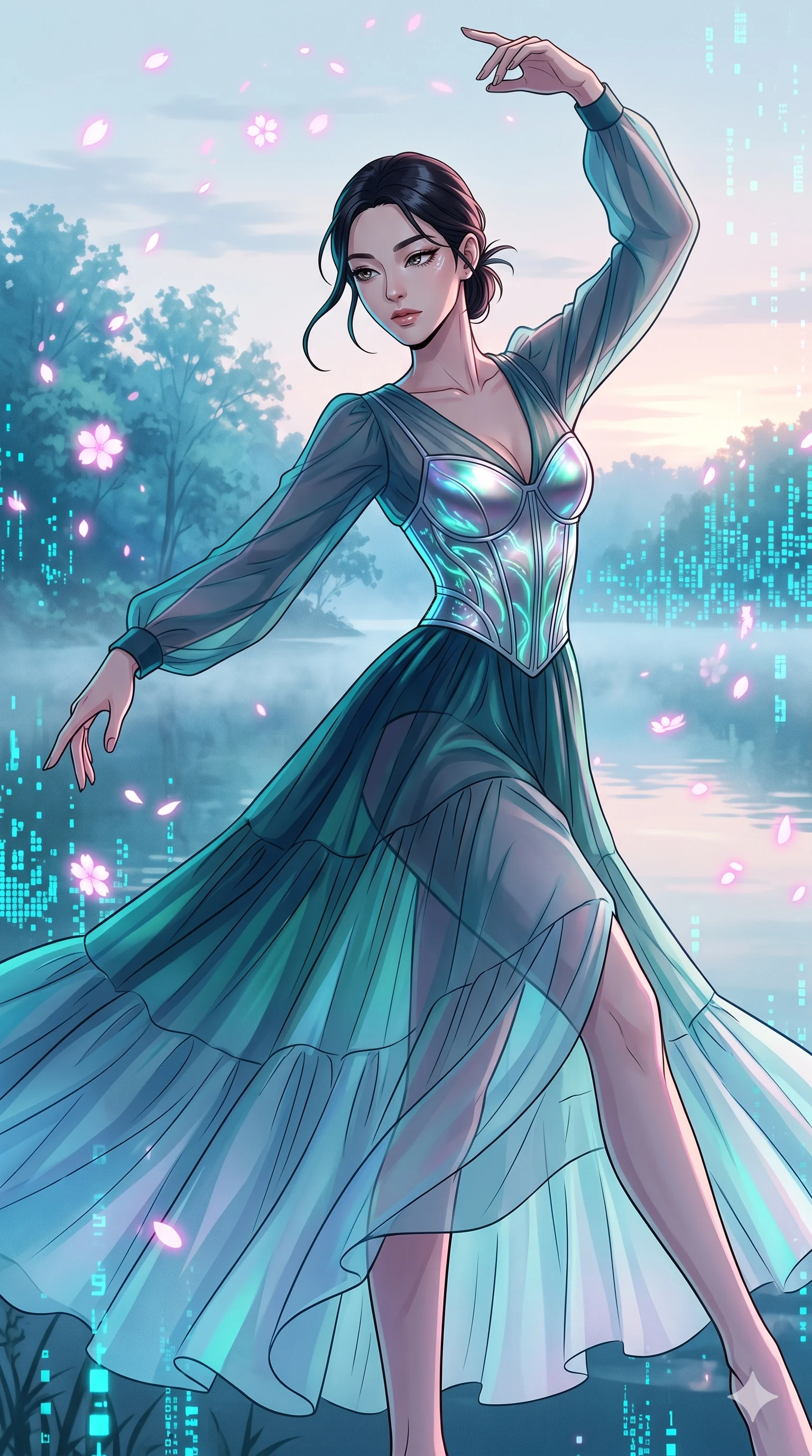 score_9, masterpiece, best quality, ultra-detailed, Set A: High-budget Anime Keyframe, Korean woman. Upper body close-up from the thighs up, character filling the screen for maximum presence. Dancing through a misty lakeside at dawn, while a digital blizzard of 69 bits obscures the horizon and surrounded by digital sakura petals. She has an absolutely perfect 8-heads proportion, an exceptionally tall and slender female figure with impossibly long slender legs and an ultra-slim waist. Sharp v-shaped jawline, high-bridge nose, intricate jewel-like eyes with depth, thick eyelashes, glossy lips with a natural sheen. Wearing Sheer chiffon gown with a metallic corset and bioluminescent floral patterns. Cinematic lighting, vibrant colors, dramatic shadows, 2k, ultra detail, master piece, 9:16 ratio