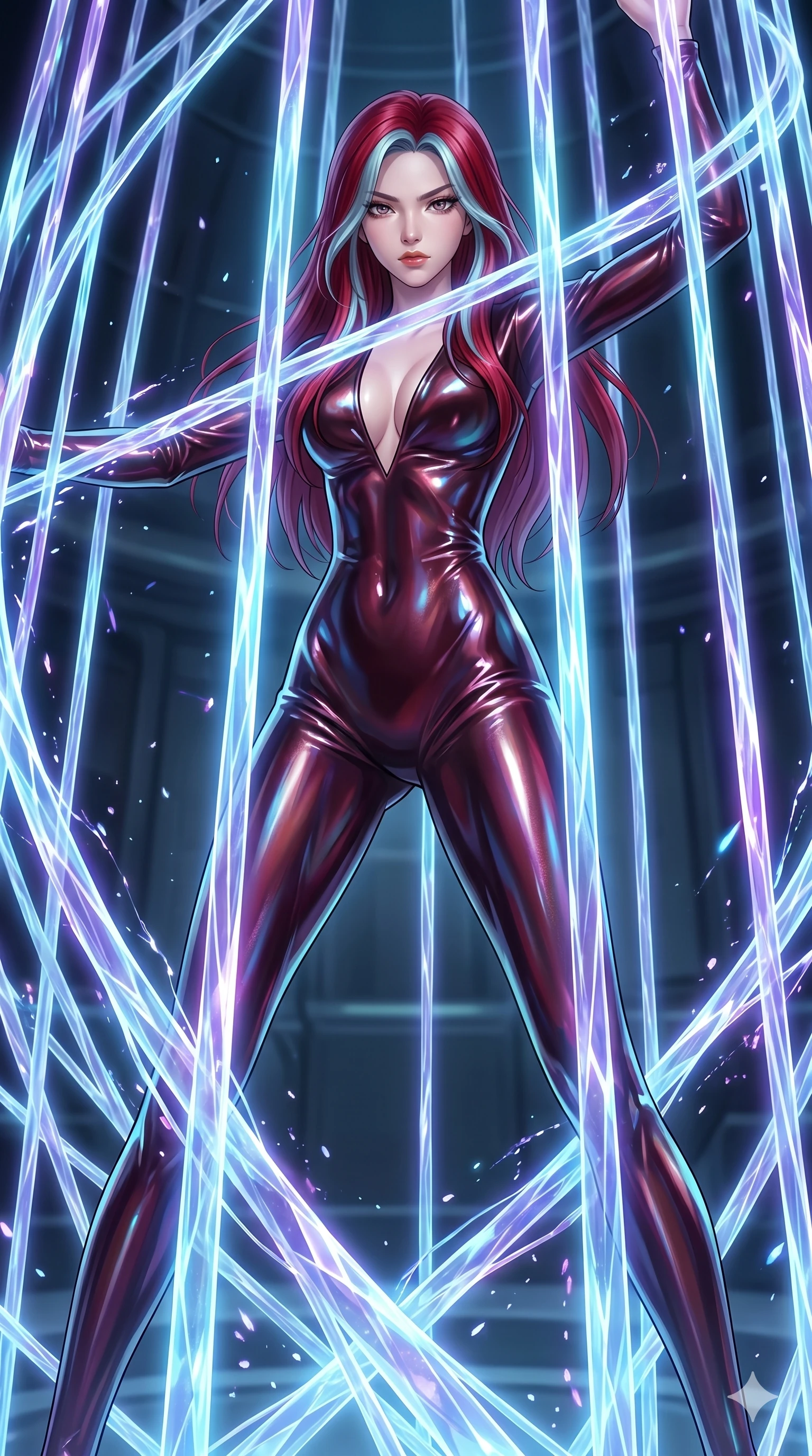 score_9, masterpiece, best quality, ultra-detailed, High-budget Anime Keyframe, East Asian woman. Dynamic full-body shot stretching the vertical silhouette to the limit. Scenario 32: Trapped in a cage of glowing crystalline fibers, body pressing against the bars. Her presence is magnetic and overpowering in this high-budget anime scene. Outfit 32: A molten liquid silk second with a plunging V-neckline and wet-look texture. The clothing is designed to emphasize her exceptionally tall and slender 8-heads proportion. 8-heads proportion, towering silhouette, ultra-slim waist. sharp v-shaped jawline, intricate jewel-like eyes with depth, thick eyelashes, glossy lips. 2k, ultra detail, master piece, 9:16 ratio