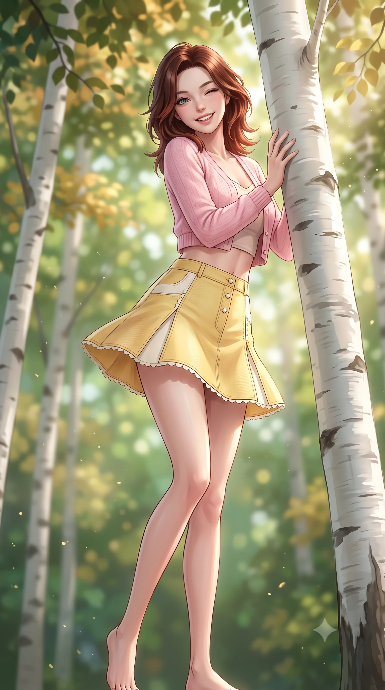 score_9, masterpiece, best quality, ultra-detailed, high-budget anime keyframe, semi-realistic 3D game render, editorial fashion photography, tasteful artistic composition, Korean woman. low angle full-body shot from head to toe showing her feet, filling the entire 9:16 vertical frame with her statuesque presence, stretching her vertical silhouette. performing a cheerful mid-motion turn with effortless poise, her skirt fluttering softly as she smiles into the camera while peeking playfully from behind a smooth white birch tree trunk with a charming wink and infectious bright smile. The composition keeps background elements in soft focus with creamy bokeh. slender white birch tree trunks and sunlit green forest canopies blurred into dreamy emerald and golden bokeh. She has an absolutely perfect, statuesque 8.5-heads proportion, an exceptionally tall and slender model-like female figure with impossibly long slender legs, a toned flat midriff, and an ultra-slim waist. sharp v-shaped jawline, high-bridge nose, intricate jewel-like eyes with depth, thick eyelashes, glossy lips with a natural sheen, pure and lovely fresh girlhood expression, flawlessly proportioned anatomical accuracy, strict slender model proportions, natural body alignment, perfectly sculpted long slender limbs, ultra-slim waistline, clean dynamic posture without body distortion. wearing a lovely baby-pink cropped knit cardigan paired with a high-waisted denim A-line mini skirt in fresh buttercup yellow and clean cream white, crafted from soft breathable linen that flutters gently in the breeze, finished with delicate scallop trims and tiny pearl buttons, the chic real-way fashion cut emphasizing her effortless charm, flat midriff, and slender model proportions. surrounded by a pure, healing, and magically enchanting forest fairy maiden aura. highly saturated vibrant anime colors, detailed shading with soft gradients, rich glossy textures, high-contrast stereoscopic depth, volumetric dynamic lighting, master piece, 9:16 ratio