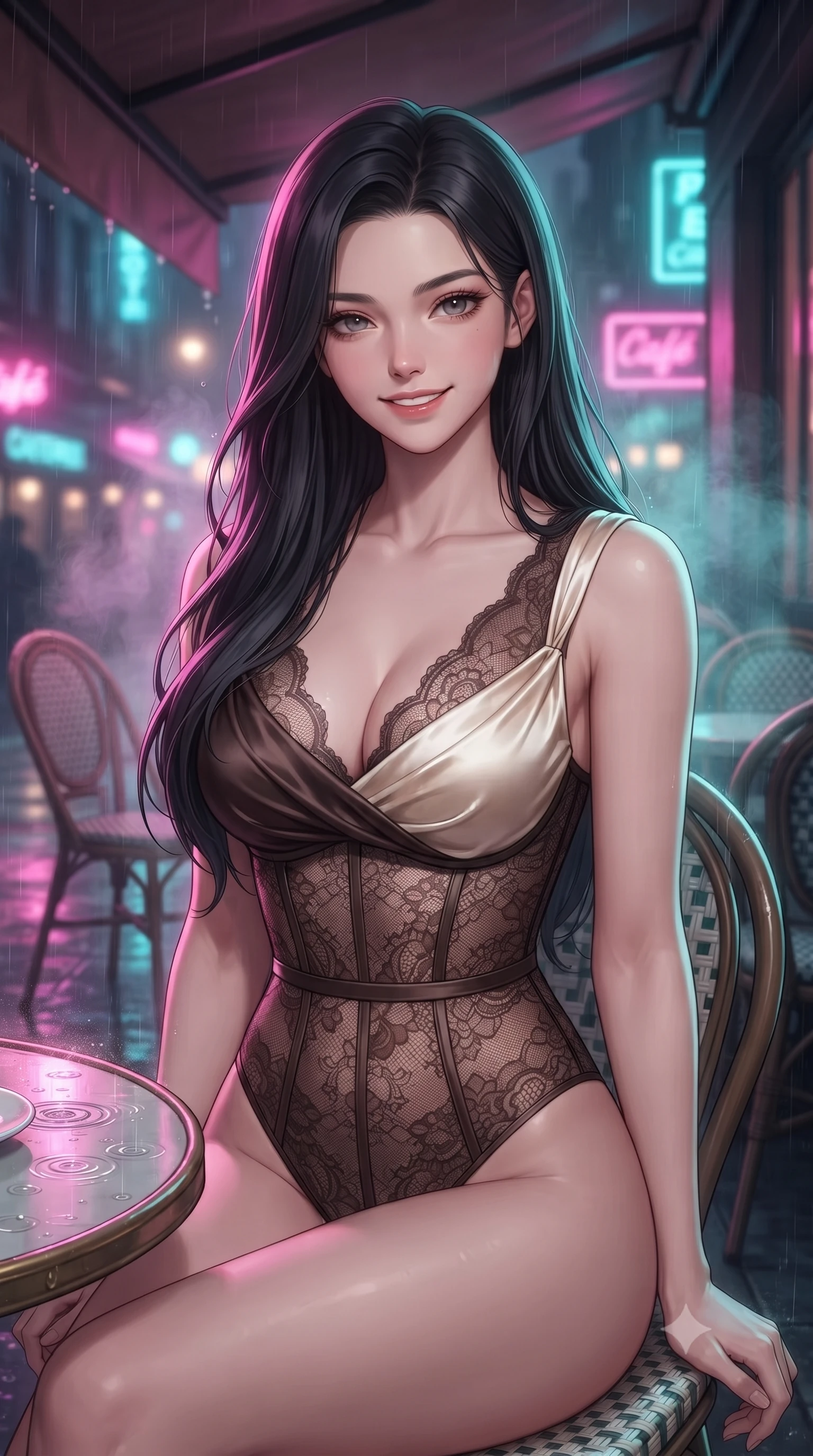 score_9, masterpiece, best quality, ultra-detailed, high-budget anime keyframe, editorial fashion photography, tasteful artistic composition, Korean woman. close-up cowboy shot from the waist and thighs up, the character dominates the composition, filling the frame with her large presence, background elements kept in soft focus. Smiling with quiet, magnetic self-assurance directly into the lens resting on a covered outdoor café terrace as rain drops create ripples nearby, soft mist scattering vibrant magenta and cyan neon rim light around her form. She has an exceptionally elegant, slender, and willowy female figure with an ultra-slim waist, a gracefully sculpted slender torso, and a refined silhouette. sharp v-shaped jawline, high-bridge nose, intricate jewel-like eyes with depth, thick eyelashes, glossy lips with a natural sheen. wearing a sheer dark lace pattern bodysuit with structured corsetry boning in espresso brown and warm cream, crafted from lustrous satin jersey with fluid draping, accented with a Tasteful chest slit framing her clavicle gracefully, the elegant draped fit framing her graceful clavicle and slender torso. surrounded by a vibrant, atmospheric city glow with glistening raindrops. highly saturated vibrant anime colors, detailed shading with soft gradients, rich glossy textures, high-contrast stereoscopic depth, volumetric dynamic lighting, master piece, 9:16 ratio