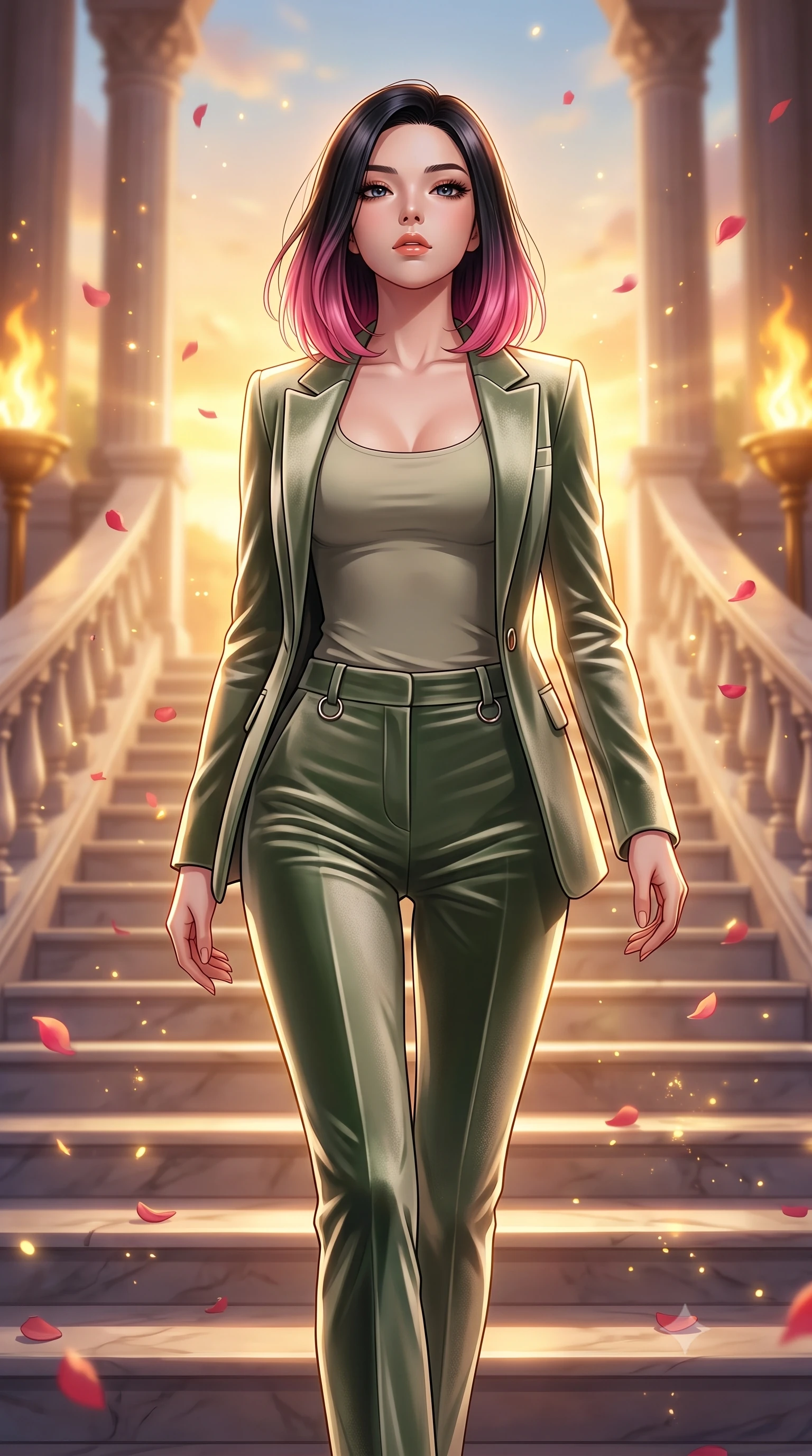 score_9, masterpiece, best quality, ultra-detailed, high-budget anime keyframe, editorial fashion photography, tasteful artistic composition, Korean woman. close-up cowboy shot from the waist and thighs up, the character dominates the composition, filling the frame with her large presence, background elements kept in soft focus. Tilting her chin up with an air of effortless superiority while balancing dynamically amidst the scene while descending a grand marble staircase flanked by golden torch flames at sunset, floating rose petals and golden solar dust sparkling in the warm air. She has an exceptionally elegant, slender, and willowy female figure with an ultra-slim waist, a gracefully sculpted slender torso, and a refined silhouette. sharp v-shaped jawline, high-bridge nose, intricate jewel-like eyes with depth, thick eyelashes, glossy lips with a natural sheen, flawlessly proportioned anatomical accuracy, natural body alignment, perfectly sculpted elegant limbs, clean dynamic posture without body distortion. wearing a tailored silk blazer over a form-contouring scoop-neck top and slacks in sage green and oatmeal, made of premium stretch velvet with a rich sheen, accented with delicate chrome ring hardware framing her waist, the glove-like fit emphasizing her statuesque silhouette during motion. surrounded by a bright, luxurious aura of warm sunshine and sky reflections. highly saturated vibrant anime colors, detailed shading with soft gradients, rich glossy textures, high-contrast stereoscopic depth, volumetric dynamic lighting, master piece, 9:16 ratio