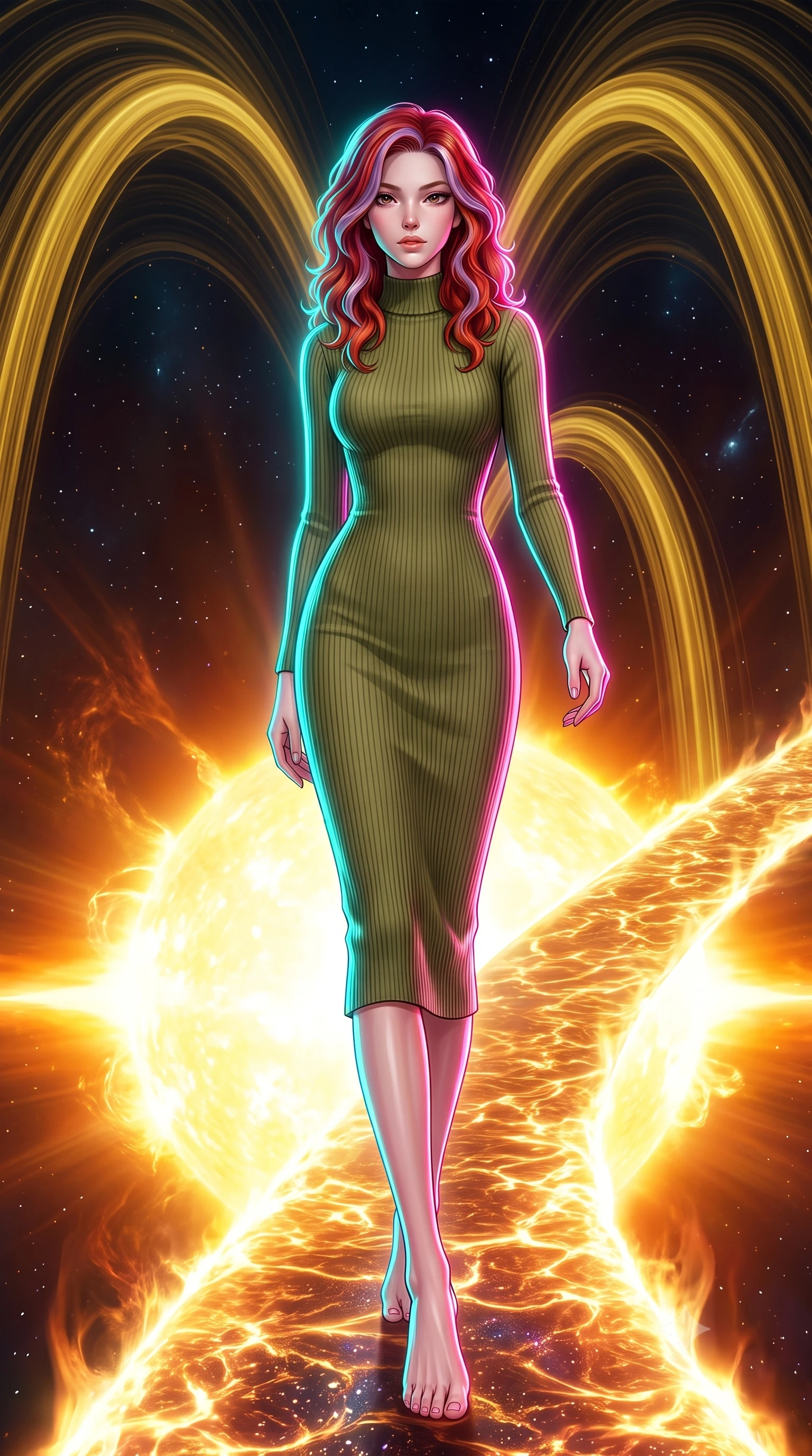 score_9, masterpiece, best quality, ultra-detailed, high-budget anime keyframe, editorial fashion photography, tasteful artistic composition, Caucasian woman, strictly human ears. low angle full-body shot from head to toe showing her feet, filling the entire 9:16 vertical frame with her statuesque presence, stretching her vertical silhouette. stepping elegantly through a bridge made of solidified solar plasma stretching across the blazing corona of the sun with heat shimmer distorting the view and enormous magnetic field lines arcing overhead like golden ribbons. She has a statuesque 8.5-heads proportion, an exceptionally tall, slender and willowy model-like build with impossibly long legs and a highly sculpted ultra-slim waist. sharp v-shaped jawline, high-bridge nose, intricate jewel-like eyes with depth, thick eyelashes, glossy lips with a natural sheen. wearing a form-fitting olive green ribbed-knit midi dress with a high collar, contouring her willowy torso and narrow waist. brilliant cinematic volumetric lighting with intense neon rim light outlining her form. 2k, ultra detail, master piece, 9:16 ratio
