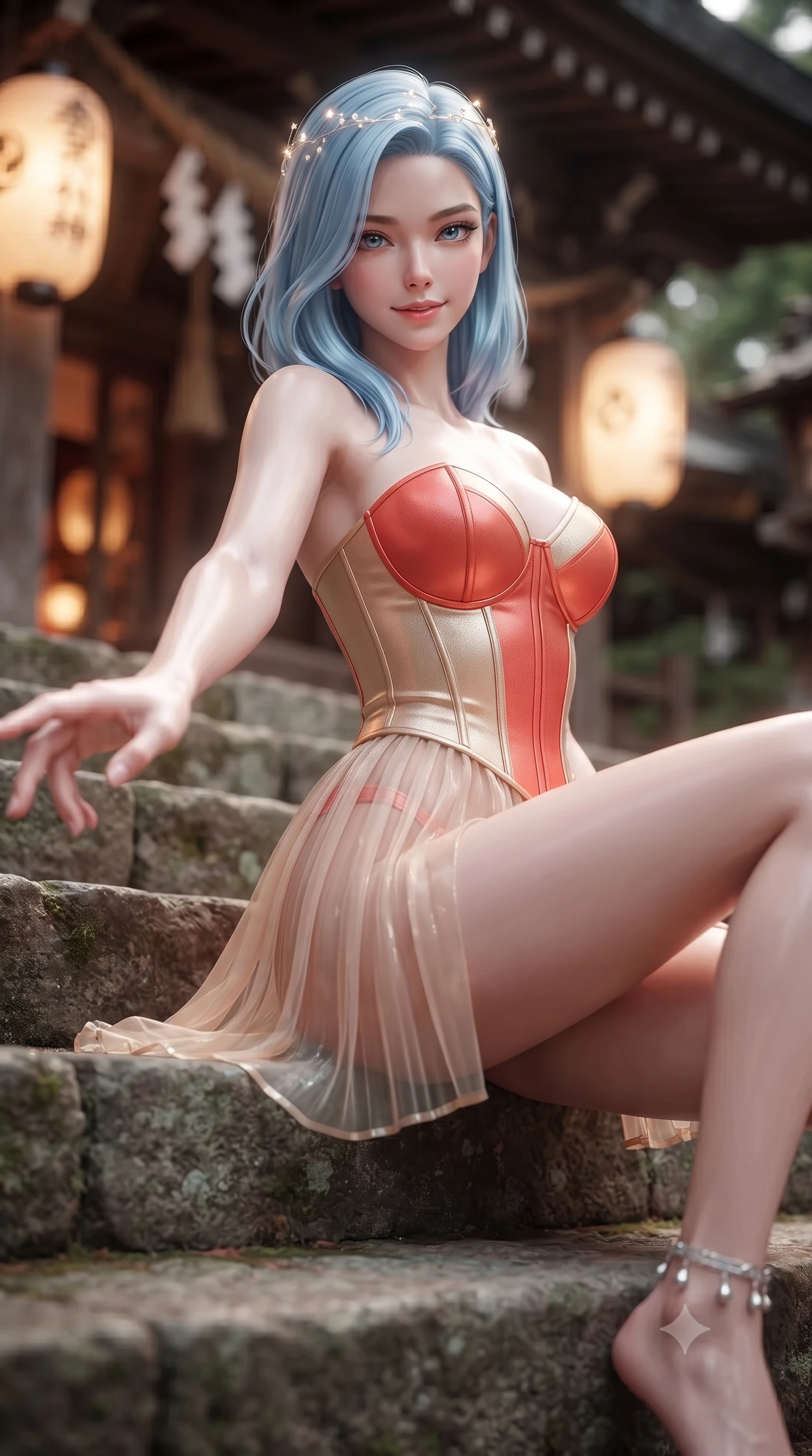 score_9, masterpiece, best quality, ultra-detailed, high-budget anime keyframe, editorial fashion photography, tasteful artistic composition, Korean woman. close-up cowboy shot from the waist and thighs up, the character dominates the composition, filling the frame with her large presence. extending one slender arm gracefully toward the foreground while casting an affectionate, mesmerizing glance while resting on ancient stone shrine steps surrounded by glowing paper lanterns with a serene, enchanting smile. The composition keeps background elements in soft focus with creamy bokeh. glowing stone lanterns and wooden shrine eaves softened in cinematic shallow depth of field. She has an exceptionally elegant, slender, and willowy female figure with an ultra-slim waist, a gracefully sculpted slender torso, toned flat midriff, and a refined slim silhouette. sharp v-shaped jawline, high-bridge nose, intricate jewel-like eyes with depth, thick eyelashes, glossy lips with a natural sheen, captivating and magnetic expression, flawlessly proportioned anatomical accuracy, strict slender model proportions, natural body alignment, perfectly sculpted long slender limbs, ultra-slim waistline, clean dynamic posture without body distortion. wearing a sacred shrine maiden couture robe with sheer pleated chiffon skirt and structured scarlet corset top in sunrise coral and champagne gold, crafted from weightless prism organza that refracts light with every motion, accented with dainty silver ankle bells and a glowing constellation circlet, the glove-like aerodynamic second-skin fit tightly clinging to her ultra-slender waist and athletic curves without adding bulk, accentuating her razor-sharp statuesque lines and slim hourglass silhouette. surrounded by a divine, mystical, and spiritually transcendent shrine maiden sovereign aura. ultra-reflective glossy finish, specular highlights, rich textural contrasts, high-contrast stereoscopic depth, volumetric dynamic lighting, 2k, ultra detail, master piece, 9:16 ratio