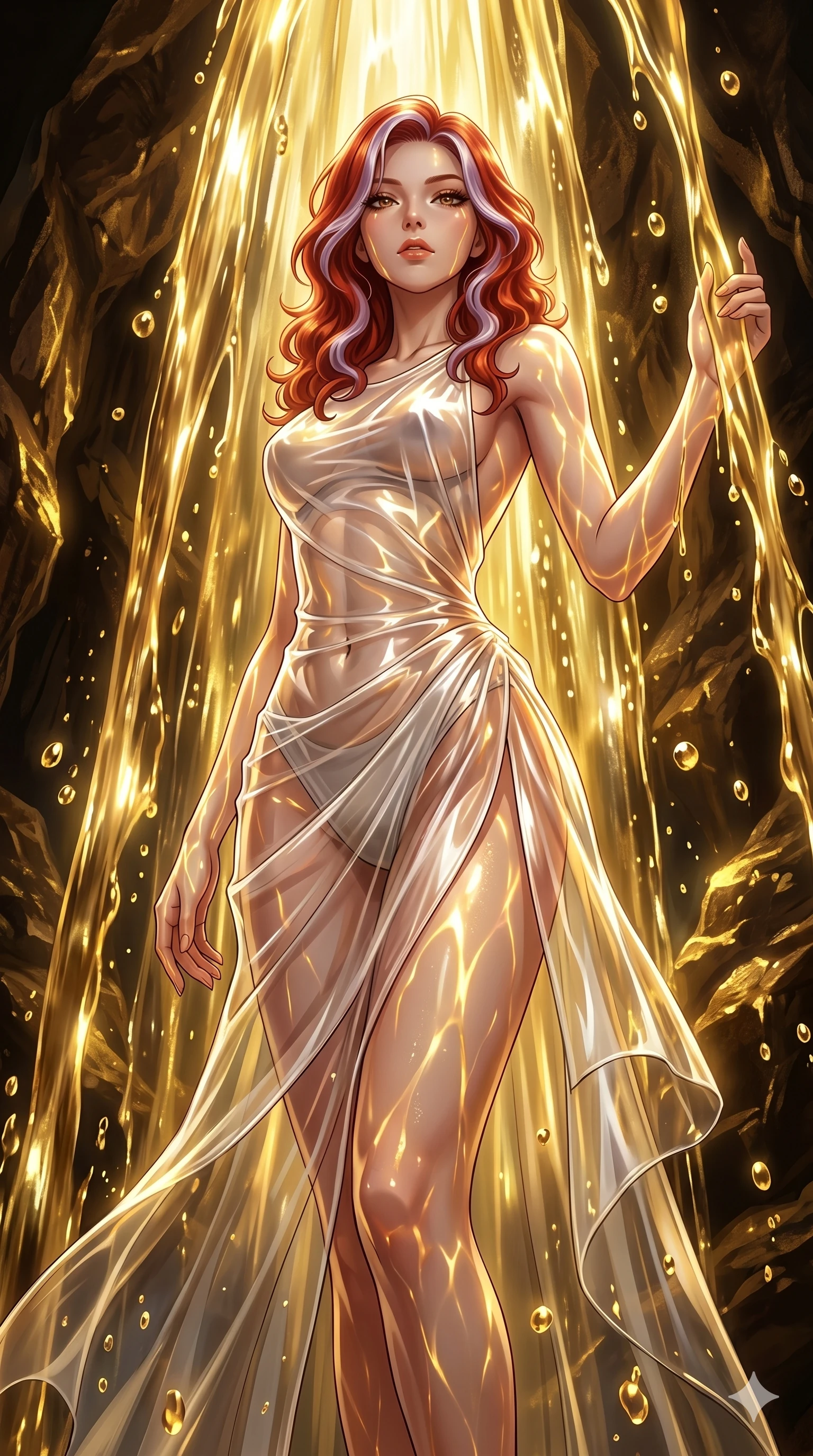 score_9, masterpiece, best quality, ultra-detailed, High-budget Anime Keyframe, East Asian woman. Low angle cowboy shot filling the entire 9:16 frame with her statuesque presence. Scenario 19: Standing under a waterfall of liquid gold, the artistic light reflections on her silhouette. Her presence is magnetic and overpowering in this high-budget anime scene. Outfit 19: A translucent PVC translucent with a graceful open-back couture and translucent layers. The clothing is designed to emphasize her exceptionally tall and slender 8-heads proportion. 8-heads proportion, towering silhouette, ultra-slim waist. sharp v-shaped jawline, intricate jewel-like eyes with depth, thick eyelashes, glossy lips. 2k, ultra detail, master piece, 9:16 ratio