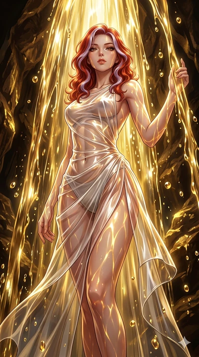 score_9, masterpiece, best quality, ultra-detailed, High-budget Anime Keyframe, East Asian woman. Low angle cowboy shot filling the entire 9:16 frame with her statuesque presence. Scenario 19: Standing under a waterfall of liquid gold, the artistic l