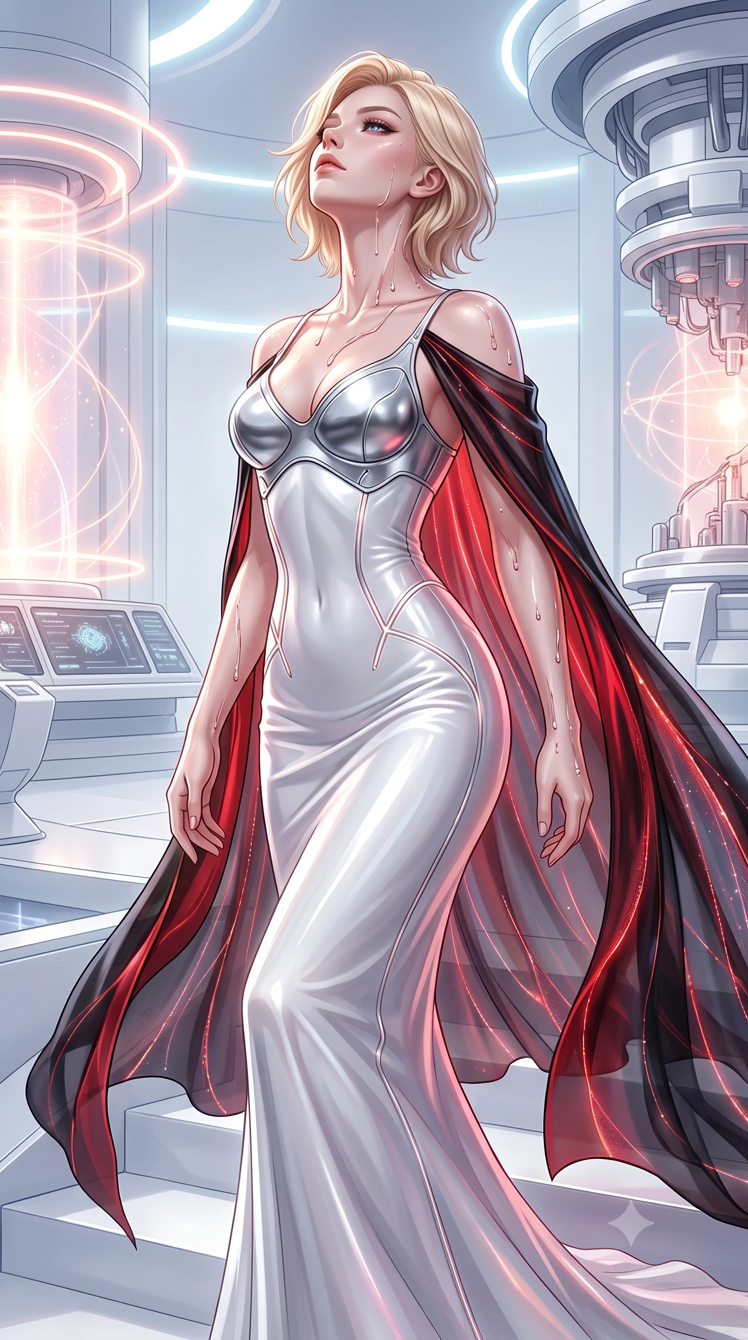 score_9, masterpiece, best quality, ultra-detailed, high-budget anime keyframe, semi-realistic 3D game render, editorial fashion photography, tasteful artistic composition, Caucasian woman. close-up cowboy shot from the waist and thighs up, the character dominates the composition, filling the frame with her large presence. tilting her head back with serene regal elegance, her sharp jawline and sculpted collarbones highlighted by glowing neon halo reflections while ascending a white quartz platform as nano-fluid droplets glisten like liquid rose gold along her sculpted contour. The surrounding environment is rendered in vivid detail and crisp panoramic clarity. high-key pristine laboratory luxury and cyber-genesis aesthetics captured with environmental precision. She has an exceptionally elegant, slender, and willowy female figure with an ultra-slim waist, a gracefully sculpted slender torso, toned flat midriff, and a refined slim silhouette. sharp v-shaped jawline, high-bridge nose, intricate jewel-like eyes with depth, thick eyelashes, glossy lips with a natural sheen, flawlessly proportioned anatomical accuracy, strict slender model proportions, natural body alignment, perfectly sculpted long slender limbs, ultra-slim waistline, clean dynamic posture without body distortion. wearing a form-contouring white liquid-mercury gown with polished silver biomechanical breastplate and flowing luminescent chiffon cape in high-gloss obsidian black and burning laser crimson accents, crafted from delicate iridescent organza interwoven with luminescent micro-fibers, accented with glowing fiber-optic seams tracing her collarbones and hip curves, the sleek second-skin cut tightly hugging her graceful clavicle, narrow waist, and feminine curves with athletic precision. surrounded by a pristine, divine, and breathtakingly beautiful cyber-muse awakening atmosphere. rich saturated anime colors with glowing neon highlights, detailed shading with soft gradients, rich glossy textures, high-contrast stereoscopic depth, volumetric dynamic lighting, master piece, 9:16 ratio