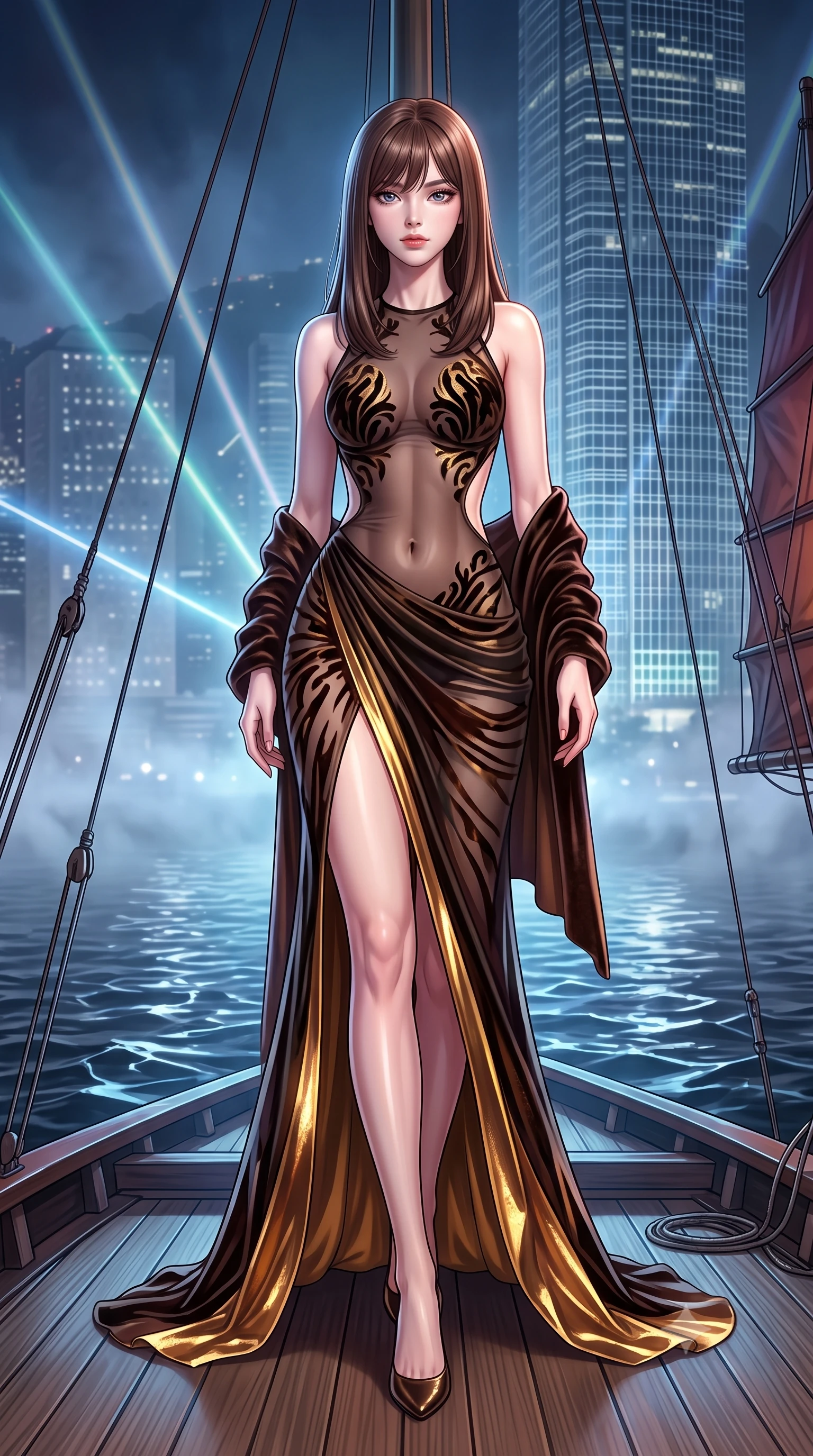 score_9, masterpiece, best quality, ultra-detailed, high-budget anime keyframe, semi-realistic 3D game render, editorial fashion photography, tasteful artistic composition, Korean woman. low angle full-body shot from head to toe showing her feet, filling the entire 9:16 vertical frame with her statuesque presence, stretching her vertical silhouette. striding forward in a proud supermodel runway stride, hips swaying in an alluring kinetic rhythm that accentuates her curvy hourglass silhouette while standing on the teak deck of a futuristic neon-rigged motorized junk boat, arching her back as laser light beams pierce the dense Victoria Harbour mist. The surrounding environment is rendered in vivid detail and crisp panoramic clarity. sharp reflective dark water caustics, junk boat rigging lines, and skyscraper facade grid clarity in deep focus. She has an exceptionally tall and slender model-like 8.5-heads proportion, an ultra-slim waist, a flat toned midriff, narrow delicate ribcage, and beautifully sculpted feminine hips creating a graceful, slim hourglass silhouette without any bulky heaviness, with impossibly long slender legs. sharp v-shaped jawline, high-bridge nose, intricate jewel-like eyes with depth, thick eyelashes, glossy parted lips with a natural sheen, intensely captivating and seductive bedroom-eyes expression, flawlessly proportioned anatomical accuracy, strict slender model proportions, natural body alignment, perfectly sculpted long slender limbs, ultra-slim waistline, clean dynamic posture without body distortion. wearing an open-back duchess satin gala gown with a dramatic hip-hugging drape and cascading trailing hem in dark espresso brown and molten gold foil, made of sheer contouring power-mesh with velvet flocking patterns, complemented by a plush velvet shawl draped loosely over her elbows, the liquid-tight tailored fabric clinging flawlessly to her narrow waist and rounded feminine hips, emphasizing every millimeter of her sculpted slim hourglass curves without any bulky heaviness. illuminated by rippling harbor water specular reflections accentuating her sculpted midriff, narrow waist, and curvy hips. highly saturated vibrant anime colors, detailed shading with soft gradients, rich glossy textures, high-contrast stereoscopic depth, volumetric dynamic lighting, master piece, 9:16 ratio