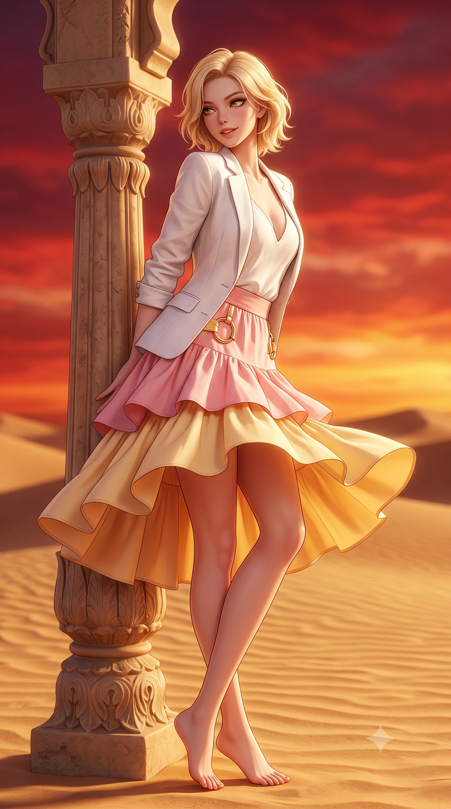 score_9, masterpiece, best quality, ultra-detailed, high-budget anime keyframe, semi-realistic 3D game render, editorial fashion photography, tasteful artistic composition, Caucasian woman. low angle full-body shot from head to toe showing her feet, filling the entire 9:16 vertical frame with her statuesque presence, stretching her vertical silhouette. executing a cheerful mid-motion pivot turn as her resort dress flutters around her slender legs, glancing over her shoulder with an intoxicating, teasing bedroom-gaze while leaning against a carved desert pavilion pillar with hips cocked back, looking back over a bare shoulder with dangerous, smoldering bedroom-eyes. The composition keeps background elements in soft focus with dreamy creamy bokeh. rippling golden sand dunes stretching to infinity beneath a fiery crimson sunset sky blurred into deep copper, carmine, and gold bokeh. She has an exceptionally tall and slender model-like 8.5-heads proportion, an ultra-slim waist, a flat toned midriff, narrow delicate ribcage, and beautifully sculpted feminine hips creating a graceful, slim hourglass silhouette without any bulky heaviness, with impossibly long slender legs. sharp v-shaped jawline, high-bridge nose, sparkling amber-hazel eyes with depth, long lush eyelashes, glossy sun-kissed lips with a warm coral glaze, radiant teasing smile with sensual sunlit bedroom-eyes, exuding effortless old-money elegance and intoxicating sun-drenched allure, flawlessly proportioned anatomical accuracy, strict slender model proportions, natural body alignment, perfectly sculpted long slender limbs, ultra-slim waistline, clean dynamic posture without body distortion. wearing a breezy white linen tailored blazer worn over a plunging-V camisole and high-waisted tailored linen shorts in sweet strawberry milk and warm butter yellow, tailored from crisp cotton poplin with clean structural architectural lines, accented with sculptural gold ring hardware framing the subtle side cutouts, the glove-like silhouette tightly following the natural contour of her hips and long slender legs with youthful 8.5-heads elegance. illuminated by desert sand bounce fill and sharp warm-gold rim lights carving her razor-sharp jawline, narrow waist, and curvy hips. highly saturated vibrant anime colors, detailed shading with soft gradients, rich glossy textures, high-contrast stereoscopic depth, volumetric dynamic lighting, master piece, 9:16 ratio