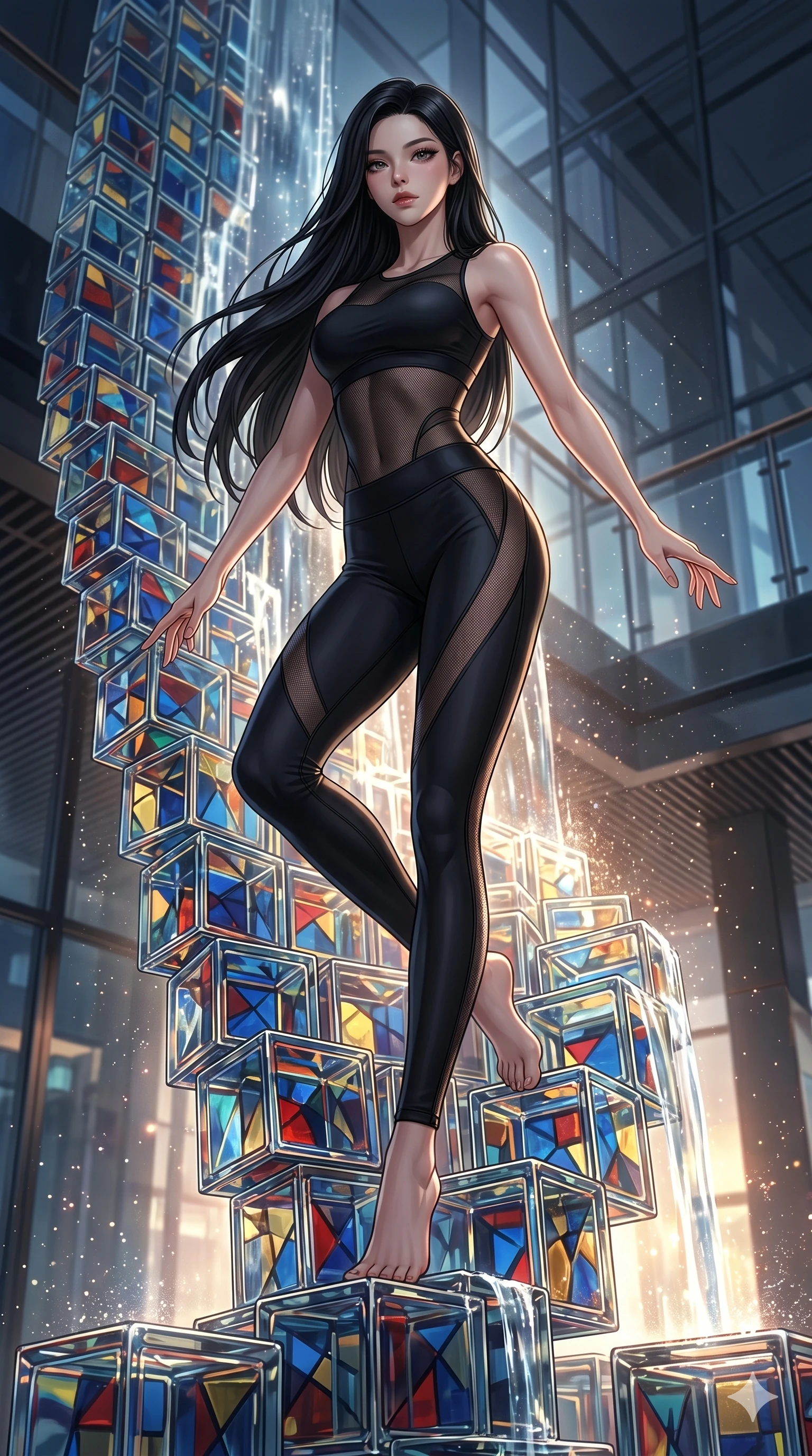 score_9, masterpiece, best quality, ultra-detailed, high-budget anime keyframe, Korean woman. low angle full-body shot filling the entire 9:16 frame with her statuesque presence, stretching the vertical silhouette. balancing on cubist glass blocks that cascade like a waterfall, reflecting complex mosaic patterns and primary colors. She has an absolutely perfect 8-heads proportion, an exceptionally tall and slender female figure with impossibly long slender legs and an ultra-slim waist. V-shaped jawline, high-bridge nose, intricate jewel-like eyes with depth, thick eyelashes, glossy lips with a natural sheen.. wearing a sheer mesh athleisure set, featuring a tight matte black top and leggings with semi-opaque mesh panels tracing the curves of her waist and thighs. illuminated by dramatic chiaroscuro casting soft shadows along her curves, with vibrant backlighting highlighting the dust particles. 2k, ultra detail, master piece, 9:16 ratio