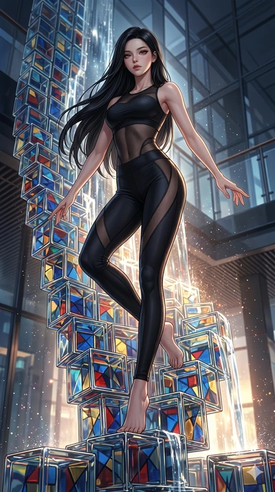 score_9, masterpiece, best quality, ultra-detailed, high-budget anime keyframe, Korean woman. low angle full-body shot filling the entire 9:16 frame with her statuesque presence, stretching the vertical silhouette. balancing on cubist glass blocks th