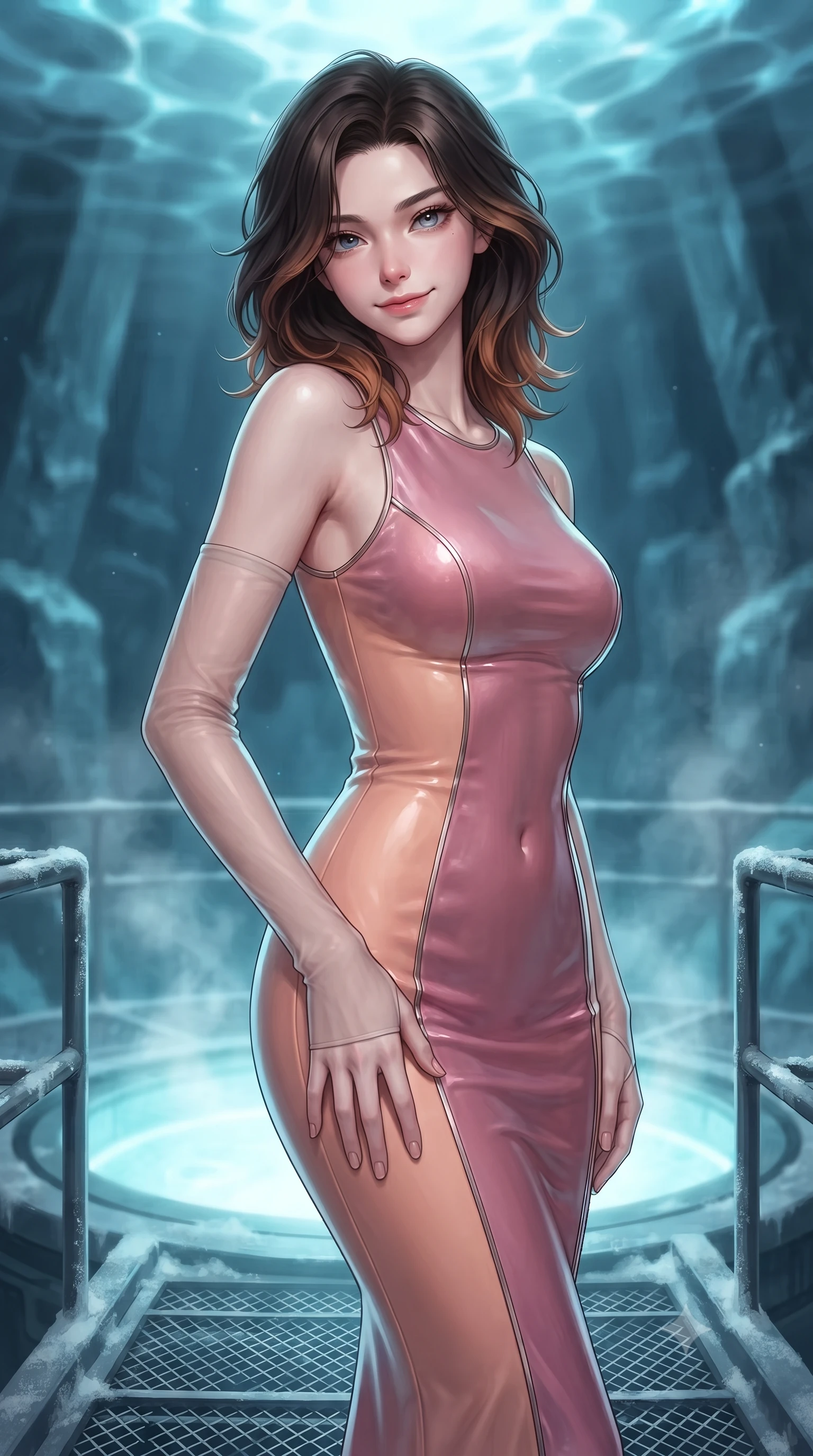 score_9, masterpiece, best quality, ultra-detailed, high-budget anime keyframe, editorial fashion photography, tasteful artistic composition, Korean woman. close-up cowboy shot from the waist and thighs up, the character dominates the composition, filling the frame with her large presence. tilting her head with a teasing half-smile, running one hand slowly down the side of her hip in a flirtatious S-curve as ambient light caresses her silhouette while standing poised on the frost-dusted steel gantry surrounding the glowing circular moon-pool, arching her lower back with sovereign supermodel allure as illuminated water caustics ripple across the ceiling. The background shows a soft-focus sub-glacial mineral steam softened in deep-ice submarine launch bay shallow focus. She has an exceptionally elegant, slender, and willowy female figure with an ultra-slim waist, flat toned midriff, narrow ribcage, and sculpted feminine hips creating an alluring, slim hourglass silhouette without bulk. sharp v-shaped jawline, high-bridge nose, intricate jewel-like sparkling eyes with depth, thick eyelashes, glossy parted lips with a natural peach sheen, bright cheerful beaming smile with an enchanting and coquettish sensual glint, exuding both youthful cute charm and seductive allure, flawlessly proportioned anatomical accuracy, strict slender model proportions, natural body alignment, perfectly sculpted long slender limbs, ultra-slim waistline, clean dynamic posture without body distortion. wearing a tailored liquid velvet combat sheath dress with subtle metallic piping following her feminine curves without bulk in Solaris liquid rose-quartz and alien peach, made of fluid liquid jersey with seamless sculpting hold and smooth contours, complemented by sheer opera-length evening gloves tracing her slender arms, the form-contouring silhouette accentuating her sculpted flat midriff, narrow delicate ribcage, and gracefully curvy hips with intoxicating allure. illuminated by moon-pool reflection bounce and sharp aquamarine rim lights defining her jawline, narrow waist, and curvy hips. ultra-reflective glossy finish, specular highlights, rich textural contrasts, high-contrast stereoscopic depth, volumetric dynamic lighting, 2k, ultra detail, master piece, 9:16 ratio