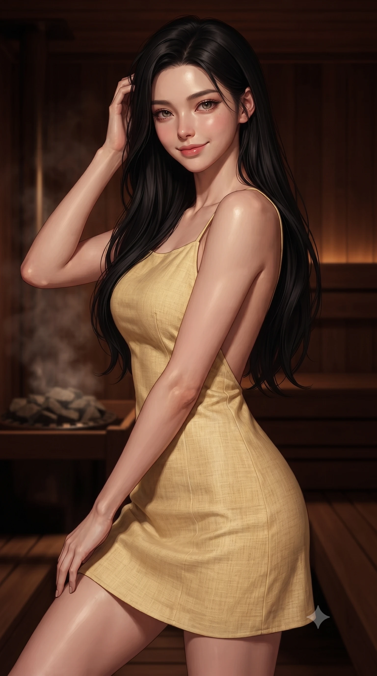 score_9, masterpiece, best quality, ultra-detailed, high-budget anime keyframe, editorial fashion photography, tasteful artistic composition, Korean woman woman. close-up cowboy shot from the waist and thighs up, the character dominates the composition, filling the frame with her large presence, background elements kept in soft focus. smiling with quiet, magnetic self-assurance directly into the camera, running a hand through her hair the background shows a soft-focus a cozy private sauna built of dark cedarwood with hot stones venting steam softly. She has an exceptionally elegant, slender, and willowy female figure with an ultra-slim waist, a gracefully sculpted slender torso, and a refined silhouette. sharp v-shaped jawline, high-bridge nose, intricate jewel-like eyes with depth, thick eyelashes, glossy lips with a natural sheen. wearing a slim-fit backless summer sundress in pale yellow linen, showing her elegant shoulder blades. warm low-key amber lights highlighting the glossy textures on her skin. ultra-reflective glossy finish, specular highlights, metallic sheen, high-contrast stereoscopic depth, volumetric dynamic lighting, 2k, ultra detail, master piece, 9:16 ratio