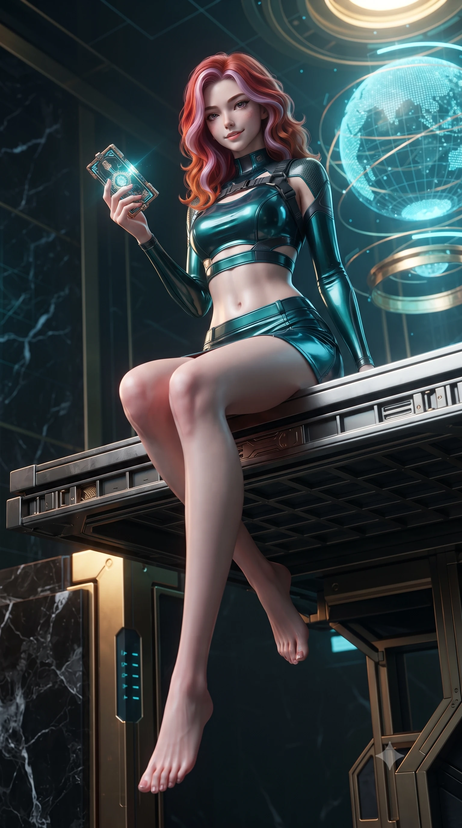 score_9, masterpiece, best quality, ultra-detailed, high-budget anime keyframe, editorial fashion photography, tasteful artistic composition, Caucasian woman. low angle full-body shot from head to toe showing her feet, filling the entire 9:16 vertical frame with her statuesque presence, stretching her vertical silhouette. sitting perched on the elevated maintenance gantry edge with legs crossed and hips angled toward the camera, displaying her toned midriff and long slender limbs with joyful, coquettish charm while lounging in the high council chair with legs crossed, holding a glowing cryptographic key while flashing a subtle, dangerous smile. The surrounding environment is rendered in vivid detail and crisp panoramic clarity: sharp holographic latitude grid lines, polished black obsidian marble podium textures, and brass seal inlays in deep focus. She has an absolutely perfect, statuesque 8.5-heads proportion, an exceptionally tall and slender model-like female figure with impossibly long slender legs, an ultra-slim waist, a flat toned midriff, narrow delicate ribcage, and beautifully sculpted feminine hips creating a graceful, slim hourglass silhouette without any bulky heaviness. sharp v-shaped jawline, high-bridge nose, intricate jewel-like sparkling eyes with depth, thick eyelashes, glossy parted lips with a natural sheen, bright confident smile with an enchanting and coquettish sensual glint, exuding both youthful magnetic charm and sovereign high-tech allure, flawlessly proportioned anatomical accuracy, strict slender model proportions, natural body alignment, perfectly sculpted long slender limbs, ultra-slim waistline, clean dynamic posture without body distortion. wearing a body-hugging modern carbon-alloy crop top paired with a low-rise tactical skirt and a subtle waist cut-out in dark emerald teal and ultraviolet glow lines, formed from supple thermal silicone composite adhering seamlessly like a second skin, finished with criss-cross Kevlar tactical straps tracing her graceful shoulder blades, the aerodynamic second-skin silhouette tightly following the natural contour of her hips and long slender legs with youthful 8.5-heads elegance. bathed in regal gold and cyan holographic light radiating from the floating globe matrix. ultra-reflective glossy finish, specular highlights, rich textural contrasts, high-contrast stereoscopic depth, volumetric dynamic lighting, 2k, ultra detail, master piece, 9:16 ratio