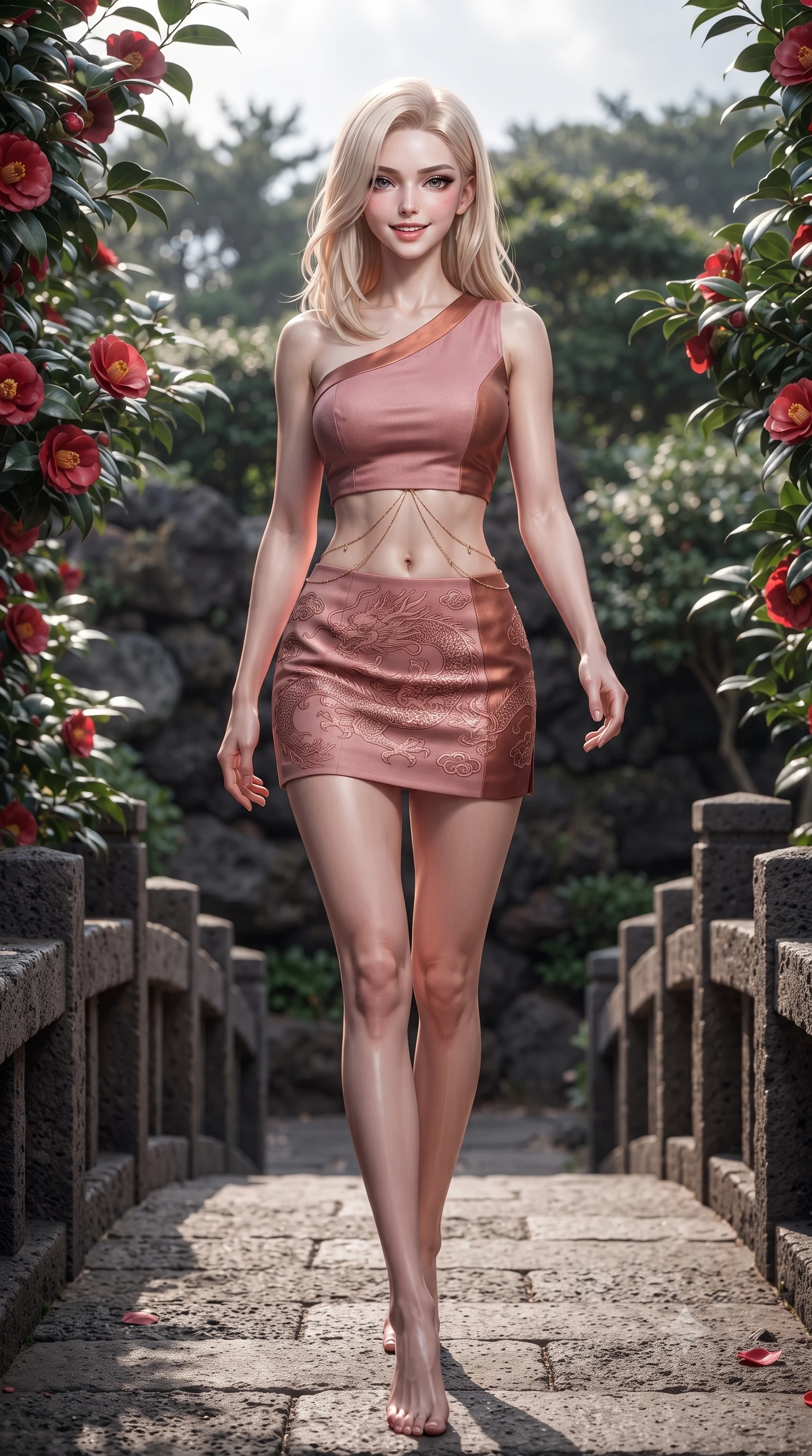 score_9, masterpiece, best quality, ultra-detailed, high-budget anime keyframe, editorial fashion photography, tasteful artistic composition, Caucasian woman. low angle full-body shot from head to toe showing her feet, filling the entire 9:16 vertical frame with her statuesque presence, stretching her vertical silhouette. stepping forward gracefully across the stone bridge in mid-motion with a radiant beaming smile, hips swaying in an alluring kinetic rhythm that accentuates her curvy hourglass silhouette and long slender legs while lounging gracefully on an outdoor wooden sunbed with legs crossed, her modern fusion hanbok radiating fresh island sensual charm. The surrounding environment is rendered in vivid detail and crisp panoramic clarity: sharp porous volcanic basalt textures, glossy camellia leaf surfaces, and red petal venation in deep focus. She has an absolutely perfect, statuesque 8.5-heads proportion, an exceptionally tall and slender model-like female figure with impossibly long slender legs, an ultra-slim waist, a flat toned midriff, narrow delicate ribcage, and beautifully sculpted feminine hips creating a graceful, slim hourglass silhouette without any bulky heaviness. sharp v-shaped jawline, high-bridge nose, intricate jewel-like dark sparkling almond eyes with depth, thick lashes, glossy parted lips with a natural rose-plum sheen, bright alluring and coquettish smile with bedroom-eyes, exuding both timeless oriental elegance and sovereign high-fashion allure, flawlessly proportioned anatomical accuracy, strict slender model proportions, natural body alignment, perfectly sculpted long slender limbs, ultra-slim waistline, clean dynamic posture without body distortion. wearing an asymmetric one-shoulder dragon-embroidered silk mini dress hugging her narrow waist and rounded feminine hips in dusty rose pink and burnished copper, tailored from fine crisp cotton-linen with clean structural lines, accented with a delicate gold body chain draping loosely across her flat midriff, the form-fitting tailored bodice adhering flawlessly to her sculpted flat midriff and slender torso, emphasizing her long leg lines and perfectly proportioned willowy build. illuminated by black stone bounce and sharp amber rim lights defining her sculpted collarbones, ultra-slim waist, and curvy hips. ultra-reflective glossy finish, specular highlights, rich textural contrasts, high-contrast stereoscopic depth, volumetric dynamic lighting, 2k, ultra detail, master piece, 9:16 ratio