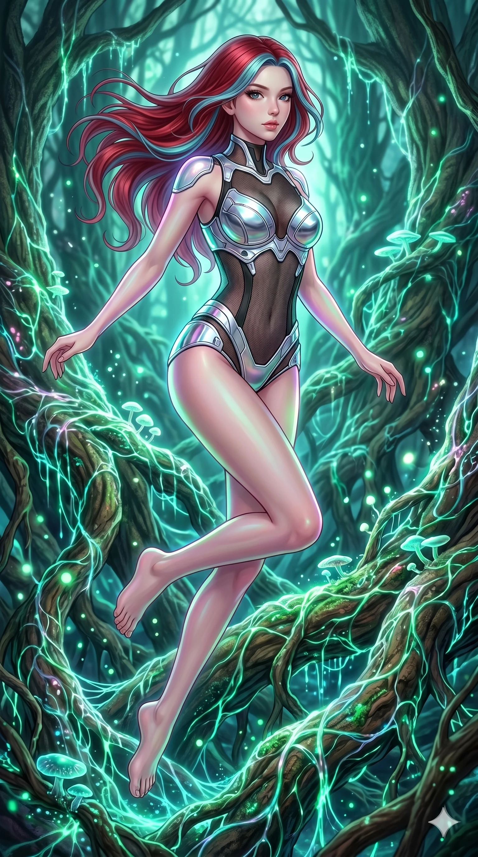 score_9, masterpiece, best quality, ultra-detailed, high-budget anime keyframe, Caucasian woman, strictly human ears. upper body close-up from the thighs up, character filling the screen for maximum presence. jumping amidst giant ancient tree roots wrapped in trillions of glowing mycelium threads pulsing with emerald and opal light. She has an absolutely perfect 8-heads proportion, an exceptionally tall and slender female figure with impossibly long slender legs and an ultra-slim waist. V-shaped jawline, high-bridge nose, intricate jewel-like eyes with depth, thick eyelashes, glossy lips with a natural sheen.. wearing a bionic chrome plate bodysuit, featuring silver chrome plates covering the bust and hips, connected by sheer black mesh panels. enhanced by a luminous pastel spectrum glow, casting elegant rim lights on her shoulders and jawline. 2k, ultra detail, master piece, 9:16 ratio