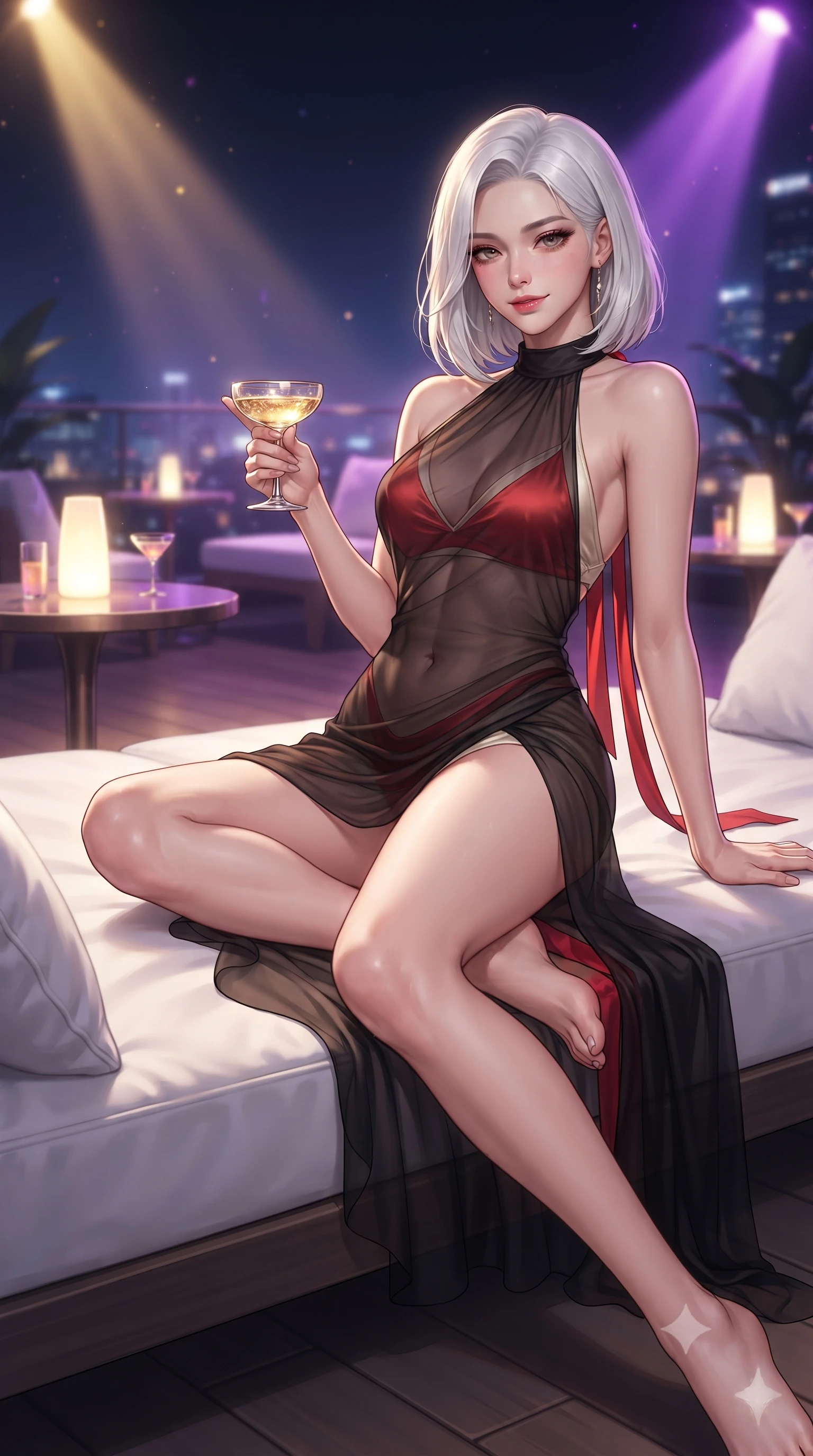 score_9, masterpiece, best quality, ultra-detailed, high-budget anime keyframe, editorial fashion photography, tasteful artistic composition, Korean woman. low angle full-body shot from head to toe showing her feet, filling the entire 9:16 vertical frame with her statuesque presence, stretching her vertical silhouette. lounging on the lavish daybed with legs crossed and hips angled toward the camera, displaying her toned midriff and long slender limbs with effortless siren poise while lounging gracefully on a plush white outdoor sofa with one knee drawn up, holding a champagne coupe with effortless high-society poise. The background shows a soft-focus glowing LED cocktail tables softened in exclusive rooftop club shallow focus. She has an absolutely perfect, statuesque 8.5-heads proportion, an exceptionally tall and slender model-like female figure with impossibly long slender legs, an ultra-slim waist, a flat toned midriff, narrow delicate ribcage, and beautifully sculpted feminine hips creating a graceful, slim hourglass silhouette without any bulky heaviness. sharp v-shaped jawline, high-bridge nose, sparkling eyes with hypnotic seductive depth, thick curled eyelashes, glossy parted lips with a natural dewy peach sheen, alluring bedroom-eyes with an enchanting coquettish smile, exuding magnetic siren charisma and sophisticated glamour, flawlessly proportioned anatomical accuracy, strict slender model proportions, natural body alignment, perfectly sculpted long slender limbs, ultra-slim waistline, clean dynamic posture without body distortion. wearing a sheer black gauze norigae slip dress worn over a liquid satin undergarment, hugging her flat midriff and hourglass curves in royal vermilion crimson and pale ivory silk, woven from buttery-soft stretch lambskin leather adhering to her body like a second skin, finished with long silk ribbon ties fluttering down her bare spine from a backless halter, the second-skin tailored fabric adhering flawlessly to her sculpted flat midriff and slender torso, emphasizing her long leg lines and perfectly proportioned willowy build. bathed in dynamic purple and gold nightclub spotlight sweeps paired with ambient skyline glow. ultra-reflective glossy finish, specular highlights, rich textural contrasts, high-contrast stereoscopic depth, volumetric dynamic lighting, 2k, ultra detail, master piece, 9:16 ratio