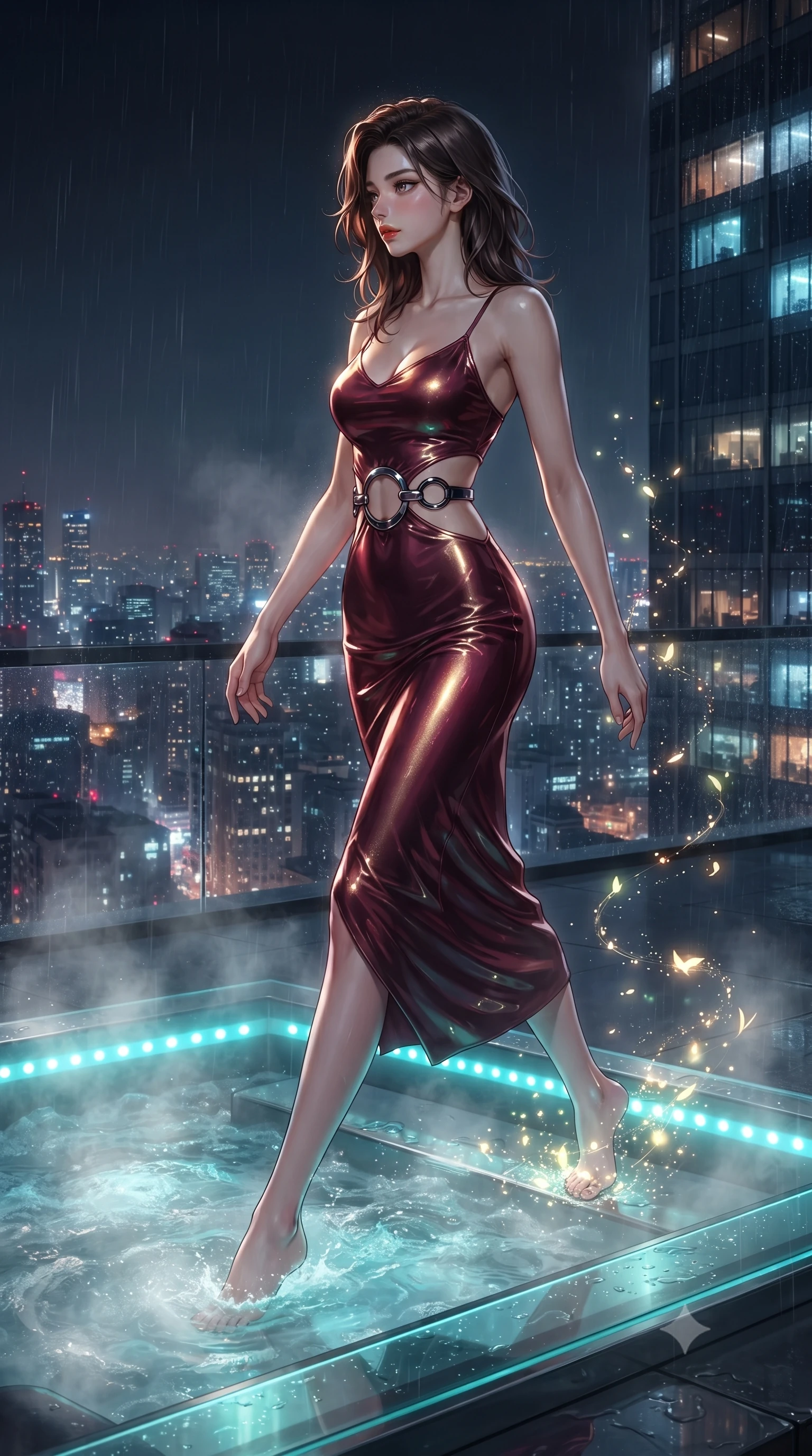 score_9, masterpiece, best quality, ultra-detailed, high-budget anime keyframe, editorial fashion photography, tasteful artistic composition, Korean woman. low angle full-body shot from head to toe showing her feet, filling the entire 9:16 vertical frame with her statuesque presence, stretching her vertical silhouette. interacting with glowing light particles, her long slender legs poised in motion, poised at the edge of a lighted glass hot tub looking over a 2 AM metropolis, steaming jacuzzi water bubbles reflecting bright aqua LED rim lights. She has an absolutely perfect, statuesque 8.5-heads proportion, an exceptionally tall and slender model-like female figure with impossibly long slender legs and an ultra-slim waist. sharp v-shaped jawline, high-bridge nose, intricate jewel-like eyes with depth, thick eyelashes, glossy lips with a natural sheen. wearing form-contouring dark crimson liquid silk long slip dress in champagne gold, made of high-gloss liquid vinyl, accented with sculpted obsidian chrome rings at the waist, highlighting her statuesque proportions and ultra-slim waistline. lit by low-key spotlighting contrasting with steam and rain mist. highly saturated vibrant anime colors, detailed shading with soft gradients, rich glossy textures, high-contrast stereoscopic depth, volumetric dynamic lighting, master piece, 9:16 ratio