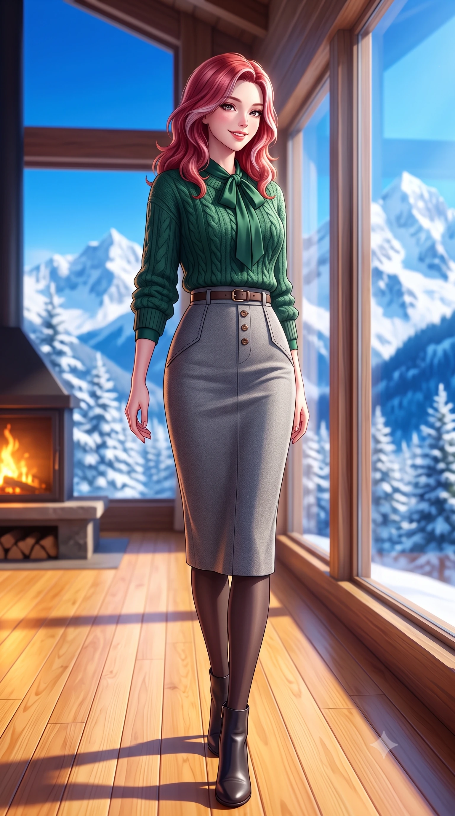 score_9, masterpiece, best quality, ultra-detailed, high-budget anime keyframe, semi-realistic 3D game render, editorial fashion photography, tasteful artistic composition, Caucasian woman. low angle full-body shot from head to toe showing her feet, filling the entire 9:16 vertical frame with her statuesque presence, stretching her vertical silhouette. pausing along the promenade and turning back toward the camera with an infectious, delightful smile and perfect posture while walking across the honey-toned pine floor toward the panoramic window, her chunky cable-knit sweater accentuating her slender waistline. The background shows a soft-focus towering jagged snow-covered Swiss Alps, deep blue alpine sky, and frosted fir forests outside blurred into cobalt, stark white, and cedar bokeh. She has an exceptionally tall and slender model-like 8.5-heads proportion, an ultra-slim waist, a flat toned midriff, narrow delicate ribcage, and beautifully sculpted feminine hips creating a graceful, slim hourglass silhouette without any bulky heaviness, with impossibly long slender legs. sharp v-shaped jawline, high-bridge nose, intricate jewel-like sparkling eyes with depth, thick eyelashes, glossy parted lips with a natural peach sheen, bright cheerful beaming smile with an enchanting and coquettish sensual glint, exuding both youthful cute charm and seductive allure, flawlessly proportioned anatomical accuracy, strict slender model proportions, natural body alignment, perfectly sculpted long slender limbs, ultra-slim waistline, clean dynamic posture without body distortion. wearing a fluid silk crepe pussy-bow blouse paired with a high-waisted tailored pencil midi skirt and slim leather belt in St. Moritz pine forest emerald and heather grey, woven from fine Australian merino wool with a smooth fluid drape and subtle sheen, featuring delicate tonal horn buttons and meticulous hand-stitched pick-lapel borders, the expertly draped wool fabric falling in crisp fluid lines along her tall 8.5-heads silhouette, celebrating her slender frame without excess fabric bulk. bathed in the dramatic high-altitude Swiss mountain sunlight streaming through panoramic windows mixed with golden hearth firelight. highly saturated vibrant anime colors, detailed shading with soft gradients, rich glossy textures, high-contrast stereoscopic depth, volumetric dynamic lighting, master piece, 9:16 ratio