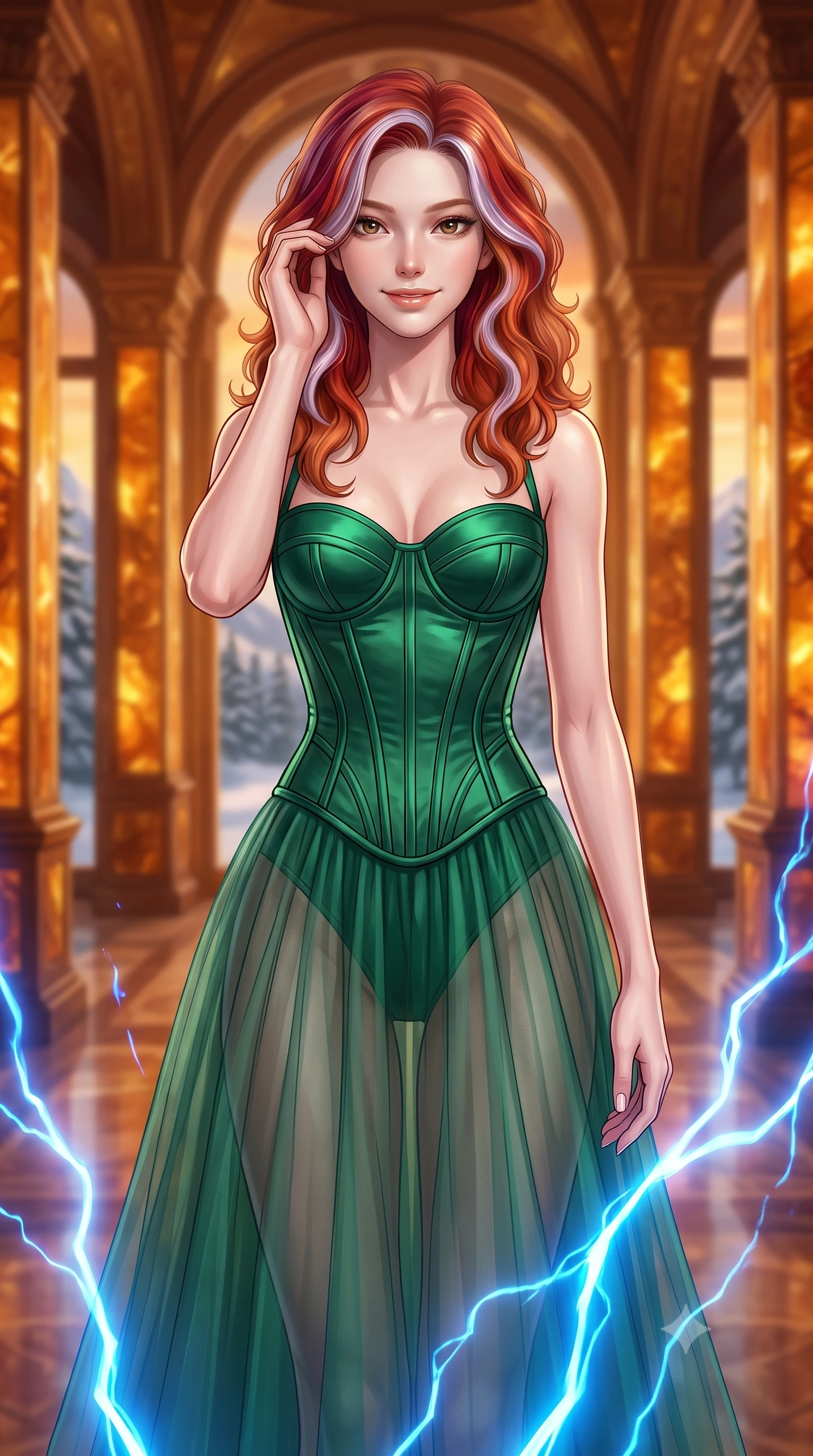 score_9, masterpiece, best quality, ultra-detailed, high-budget anime keyframe, editorial fashion photography, tasteful artistic composition, Caucasian woman, strictly human ears. close-up cowboy shot from the waist and thighs up, the character dominates the composition, filling the frame with her large presence, background elements kept in soft focus. Laughing softly while brushing a strand of hair behind her ear. set against a soft-focus background of standing inside a grand corridor of a palace made entirely of warm fossilized amber in a snowy pine mountain valley, glowing from within during a winter sunset. She has an exceptionally elegant, slender, and willowy female figure with a highly-defined ultra-slim waist, a gracefully sculpted slender torso, and a refined slim-fit silhouette that contours her form. sharp v-shaped jawline, high-bridge nose, intricate jewel-like eyes with depth, thick eyelashes, glossy lips with a natural sheen. wearing a corset-topped gown with visible structured boning in emerald green satin, paired with a floor-length sheer tulle skirt. pulsing electric blue plasma arc lighting rising dramatically from below. 2k, ultra detail, master piece, 9:16 ratio
