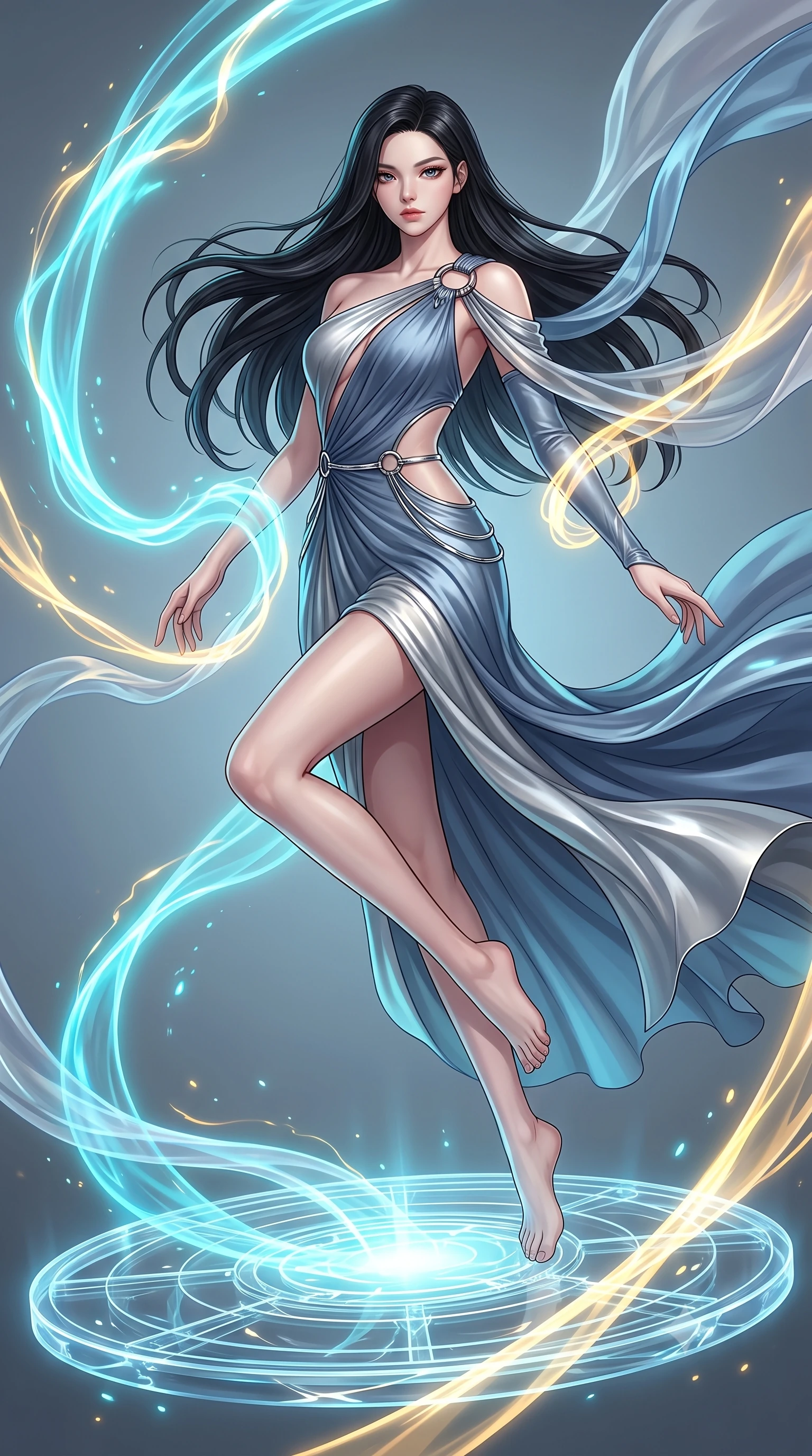score_9, masterpiece, best quality, ultra-detailed, high-budget anime keyframe, editorial fashion photography, tasteful artistic composition, Korean woman. low angle full-body shot from head to toe showing her feet, filling the entire 9:16 vertical frame with her statuesque presence, stretching her vertical silhouette. leaping gracefully through mid-air with statuesque elegance, her impossibly long slender legs stretched in perfect balance while balancing on a glowing glass disk while luminescent ribbons swirl in zero-gravity, translucent silk-like plasma streams swirling around her silhouette. She has an absolutely perfect, statuesque 8.5-heads proportion, an exceptionally tall and slender model-like female figure with impossibly long slender legs and an ultra-slim waist. sharp v-shaped jawline, high-bridge nose, intricate jewel-like eyes with depth, thick eyelashes, glossy lips with a natural sheen, flawlessly proportioned anatomical accuracy, natural body alignment, perfectly sculpted elegant limbs, clean dynamic posture without body distortion. wearing an asymmetrical Grecian draped chiffon gown with a metallic shoulder ring in slate blue and metallic silver, crafted from smooth liquid silk, accented with delicate chrome ring hardware framing her waist, the glove-like fit emphasizing her statuesque silhouette during motion. illuminated by the brilliant glow of cyan and gold luminescent plasma ribbons. highly saturated vibrant anime colors, detailed shading with soft gradients, rich glossy textures, high-contrast stereoscopic depth, volumetric dynamic lighting, master piece, 9:16 ratio