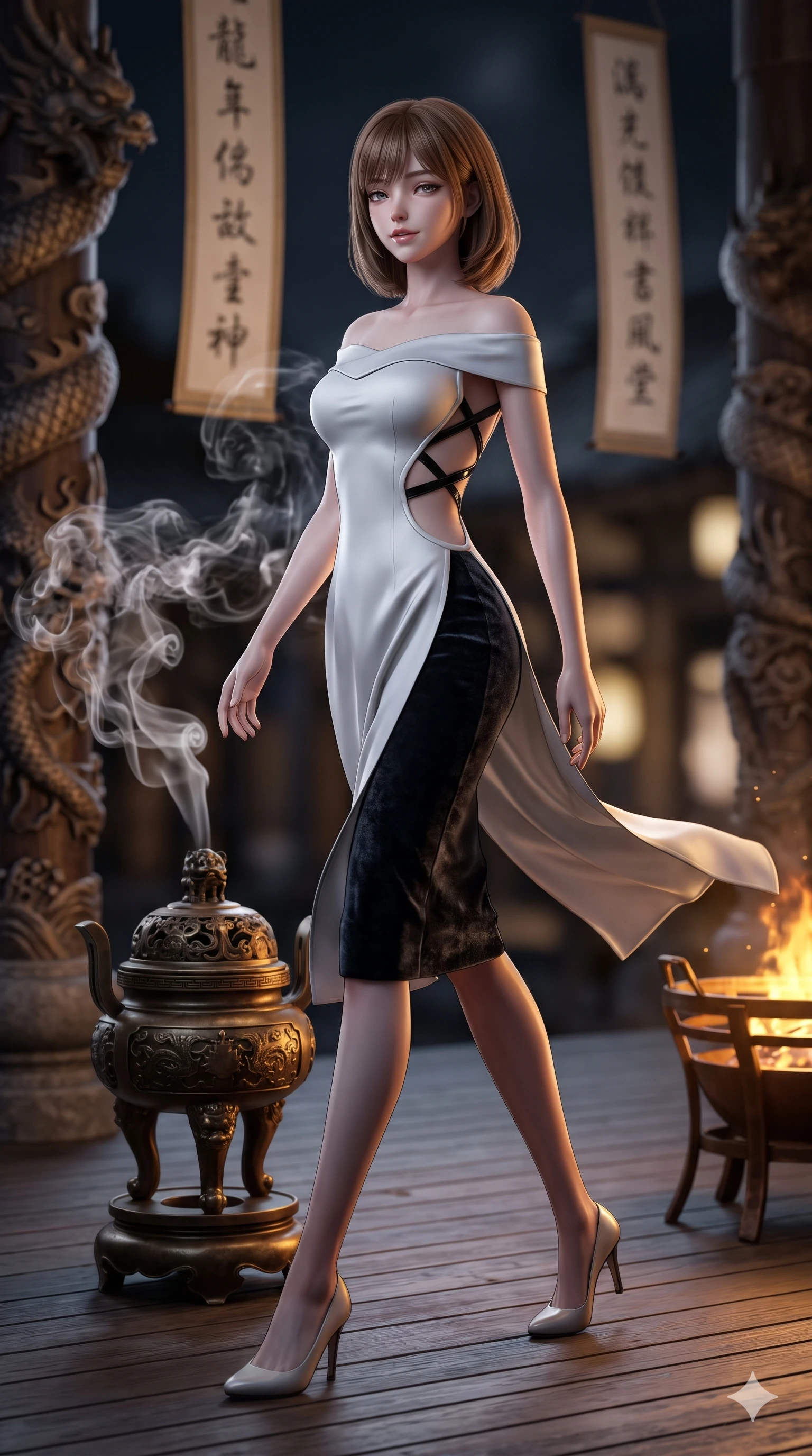 score_9, masterpiece, best quality, ultra-detailed, high-budget anime keyframe, editorial fashion photography, tasteful artistic composition, Caucasian woman. low angle full-body shot from head to toe showing her feet, filling the entire 9:16 vertical frame with her statuesque presence, stretching her vertical silhouette. striding across the moonlit timber deck as nocturnal breezes whip her garments open, accentuating her long slender legs and curvy hips while standing tall beside the antique bronze incense burner, watching swirling aromatic smoke tendrils drift past her flat midriff and hips. The background shows a soft-focus swirling white agarwood incense smoke, carved dragon column bases, and hanging silk calligraphy banners blurred into cream, gold, and charcoal bokeh. She has an absolutely perfect, statuesque 8.5-heads proportion, an exceptionally tall and slender model-like female figure with impossibly long slender legs, an ultra-slim waist, a flat toned midriff, narrow delicate ribcage, and beautifully sculpted feminine hips creating a graceful, slim hourglass silhouette without any bulky heaviness. sharp v-shaped jawline, high-bridge nose, sparkling eyes with hypnotic seductive depth, thick curled eyelashes, glossy parted lips with a natural dewy peach sheen, alluring bedroom-eyes with an enchanting coquettish smile, exuding magnetic siren charisma and sophisticated glamour, flawlessly proportioned anatomical accuracy, strict slender model proportions, natural body alignment, perfectly sculpted long slender limbs, ultra-slim waistline, clean dynamic posture without body distortion. wearing a form-contouring off-shoulder modern hanbok midi dress with traditional curved neckline and low-back scoop in celestial pearl white and moonlight platinum, tailored from crushed dark velvet with deep light-absorbing plush texture, featuring an open-back criss-cross harness strap in patent black leather, the bespoke structured tailoring following the natural line of her 8.5-heads silhouette with refined elegance. bathed in warm 2200K bronze brazier glow cutting through atmospheric white incense smoke. ultra-reflective glossy finish, specular highlights, rich textural contrasts, high-contrast stereoscopic depth, volumetric dynamic lighting, 2k, ultra detail, master piece, 9:16 ratio