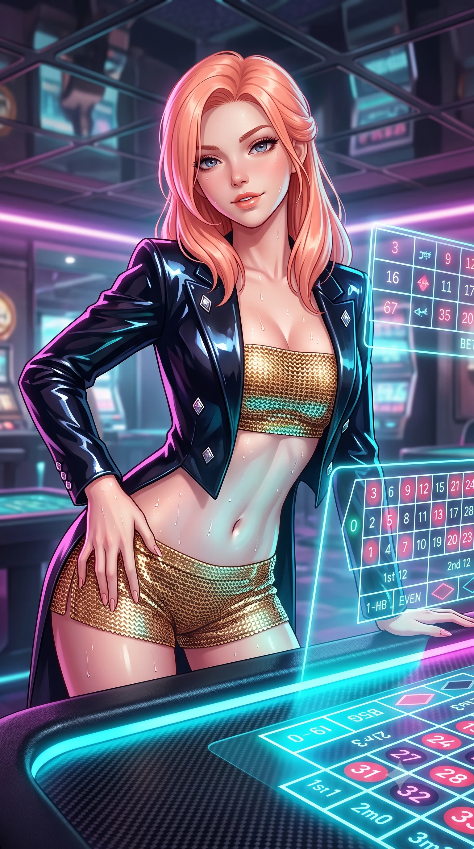 score_9, masterpiece, best quality, ultra-detailed, high-budget anime keyframe, semi-realistic 3D game render, editorial fashion photography, tasteful artistic composition, Japanese woman. close-up cowboy shot from the waist and thighs up, the character dominates the composition, filling the frame with her large presence. tilting her head with a teasing half-smile, running one hand slowly down the side of her hip in a flirtatious S-curve as ambient light caresses her silhouette while leaning over the sleek carbon table edge with hips cocked back, looking through floating neon betting grids with an irresistible bedroom-smile. The background shows a soft-focus mirrored ceiling panels softened in futuristic cyberpunk shallow focus. She has an exceptionally elegant, slender, and willowy female figure with an ultra-slim waist, flat toned midriff, narrow ribcage, and sculpted feminine hips creating an alluring, slim hourglass silhouette without bulk. sharp v-shaped jawline, high-bridge nose, sparkling eyes with hypnotic seductive depth, thick curled eyelashes, glossy parted lips with a natural dewy peach sheen, alluring bedroom-eyes with an enchanting coquettish smile, exuding magnetic siren charisma and sophisticated glamour, flawlessly proportioned anatomical accuracy, strict slender model proportions, natural body alignment, perfectly sculpted long slender limbs, ultra-slim waistline, clean dynamic posture without body distortion. wearing a tailored open-front smoking jacket worn over a jewel-embellished bandeau top and micro-shorts in liquid gold chainmail and midnight obsidian black with diamond accents, crafted from wet-look high-gloss vinyl fabric with dazzling specular surface reflections, complemented by glistening drops of moisture beading across her sculpted shoulders and flat midriff, the second-skin tailored fabric adhering flawlessly to her sculpted flat midriff and slender torso, emphasizing her long leg lines and perfectly proportioned willowy build. bathed in vibrant cyan and magenta light radiating directly from embedded table displays. highly saturated vibrant anime colors, detailed shading with soft gradients, rich glossy textures, high-contrast stereoscopic depth, volumetric dynamic lighting, master piece, 9:16 ratio