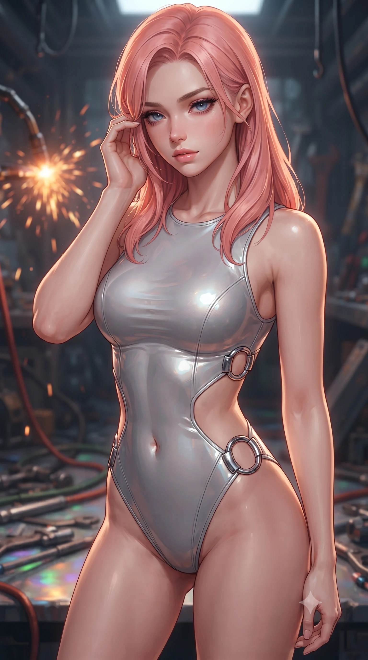score_9, masterpiece, best quality, ultra-detailed, high-budget anime keyframe, editorial fashion photography, tasteful artistic composition, Japanese woman. close-up cowboy shot from the waist and thighs up, the character dominates the composition, filling the frame with her large presence, background elements kept in soft focus. gently touching the side of her temple, casting a heavy-lidded, sultry look past the camera, the background shows a soft-focus a mech maintenance trench filled with tools and leaking synthetic hydraulic oil. She has an exceptionally elegant, slender, and willowy female figure with an ultra-slim waist, a gracefully sculpted slender torso, and a refined silhouette. sharp v-shaped jawline, high-bridge nose, intricate jewel-like eyes with depth, thick eyelashes, glossy lips with a natural sheen. wearing a form-contouring light carbon-plate combat bodysuit featuring dramatic geometric open-waist cutouts framed by chrome ring hardware. warm orange sparks flying from a robotic welding torch casting cozy shadows. ultra-reflective glossy finish, specular highlights, metallic sheen, high-contrast stereoscopic depth, volumetric dynamic lighting, 2k, ultra detail, master piece, 9:16 ratio