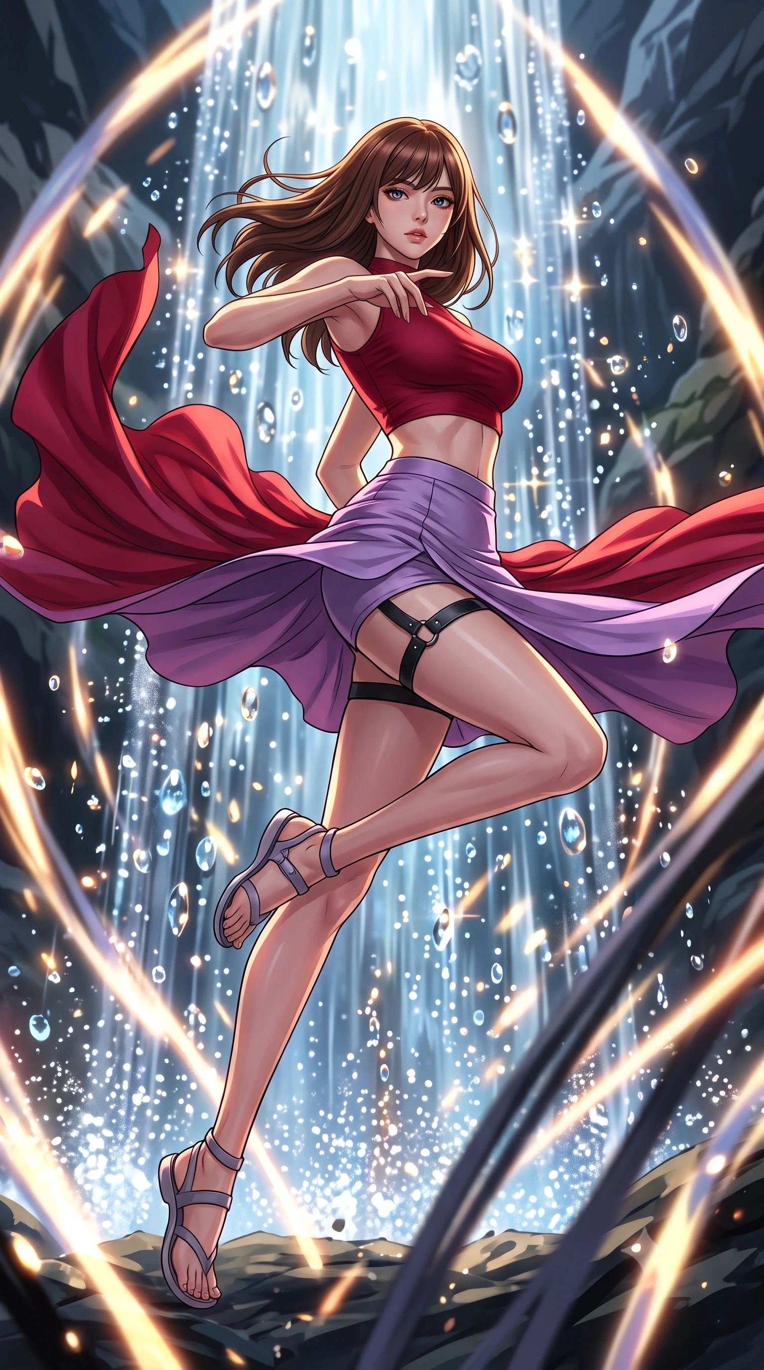 score_9, masterpiece, best quality, ultra-detailed, high-budget anime keyframe, clean line-art, cel-shading, Korean woman. low angle full-body shot from head to toe showing her feet, filling the entire 9:16 vertical frame with her statuesque presence, stretching her vertical silhouette. weaving gracefully through a barrage of glowing obstacles in a blur of motion inside a mountain basin with a waterfall made of liquid crystal, glass pebbles catching and reflecting water droplets. She has a statuesque 8.5-heads proportion, an exceptionally tall, slender and willowy model-like build with impossibly long legs and a highly sculpted ultra-slim waist. sharp v-shaped jawline, high-bridge nose, intricate jewel-like eyes with depth, thick eyelashes, glossy lips with a natural sheen. wearing the lightweight fabric rippling and billowing dramatically with her movement, a body-hugging matte crimson crop top paired with matching high-waist lavender mini skirt and black leather thigh straps. dramatic chiaroscuro with a single golden key light sculpting her silhouette. highly saturated vibrant anime colors, intense vivid color palette, volumetric dynamic lighting, 2k, ultra detail, master piece, 9:16 ratio