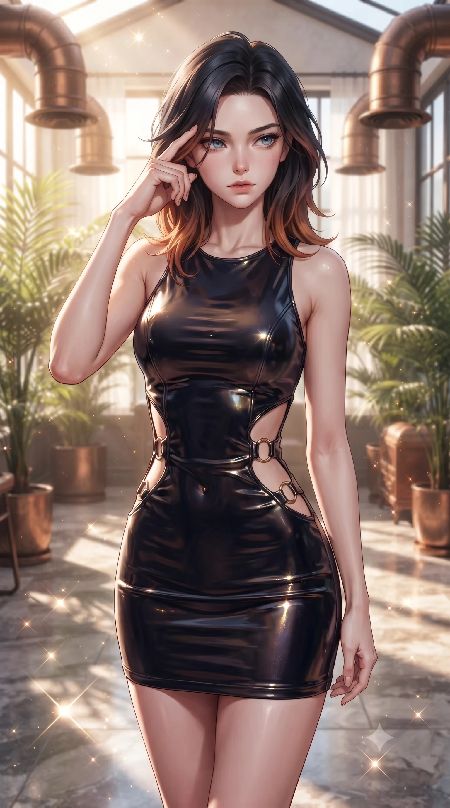 score_9, masterpiece, best quality, ultra-detailed, high-budget anime keyframe, editorial fashion photography, tasteful artistic composition, Korean woman woman. close-up cowboy shot from the waist and thighs up, the character dominates the composition, filling the frame with her large presence, background elements kept in soft focus. She has an exceptionally elegant, slender, and willowy female figure with an ultra-slim waist, a gracefully sculpted slender torso, and a refined silhouette. pressing two fingers to her temple in a composed gesture, gazing past the camera with sharp focus, flawlessly proportioned anatomical accuracy, natural body alignment, perfectly sculpted elegant limbs, clean dynamic posture without body distortion. set against a soft-focus background of a luxury sunroom filled with potted palms and bronze vents. wearing a slitted cutout bodycon mini dress in dark velvet with gold ring hardware framing her waist. bathed in bright morning sunbeams creating sparkling glints on polished floors. ultra-reflective glossy finish, specular highlights, metallic sheen, high-contrast stereoscopic depth, volumetric dynamic lighting, 2k, ultra detail, master piece, 9:16 ratio