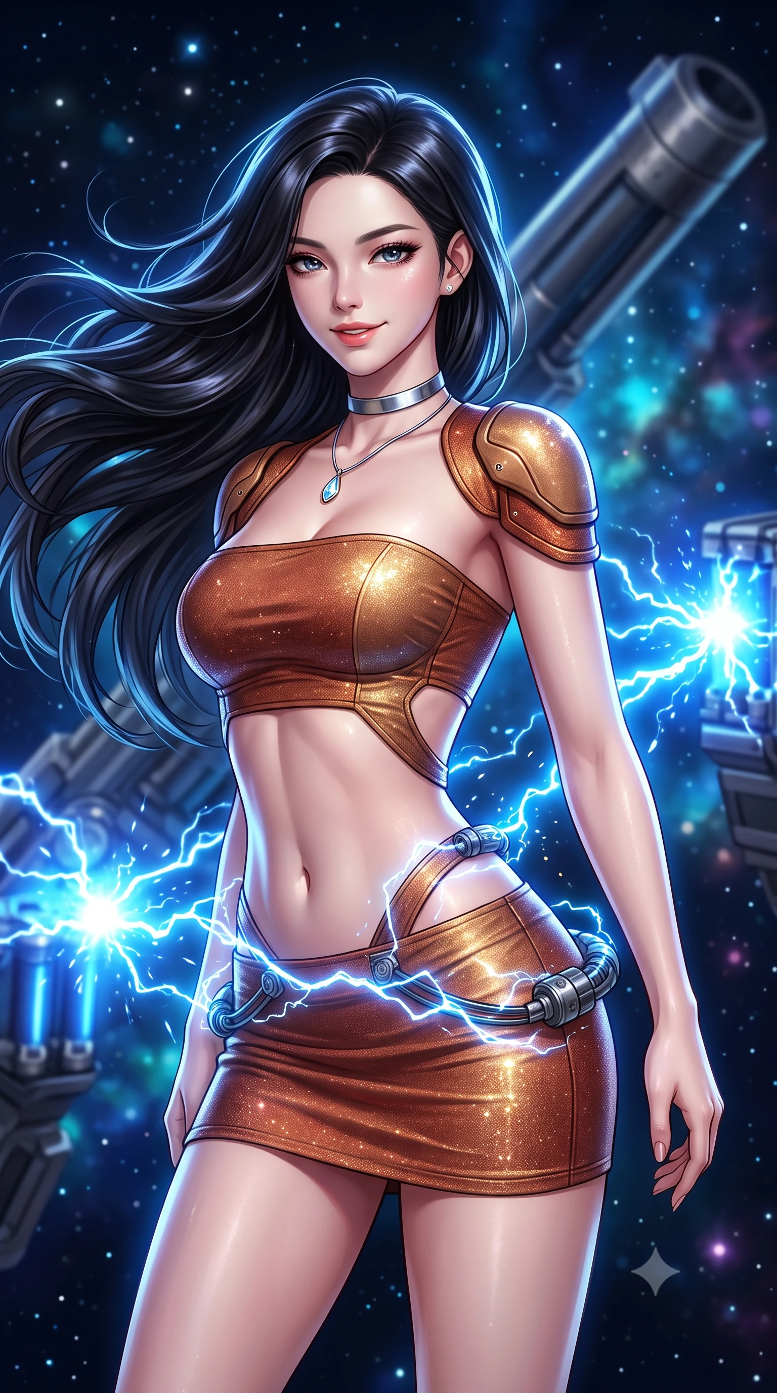 score_9, masterpiece, best quality, ultra-detailed, high-budget anime keyframe, semi-realistic 3D game render, editorial fashion photography, tasteful artistic composition, Korean woman. close-up cowboy shot from the waist and thighs up, the character dominates the composition, filling the frame with her large presence. turning slowly with an enchanting smoldering smile, her glossy hair tossing in the breeze as her hips angle gracefully in a captivating contrapposto while twisting her slender torso in an alluring contrapposto stance, crackling blue electrical arcs leaping between capacitors wrapping around her narrow waist and curvy hips. The background shows a soft-focus massive railgun barrel stretching into the starry void, crackling blue plasma sparks from capacitor banks, and distant glowing nebula clouds blurred into sapphire, cyan, and amethyst bokeh. She has an exceptionally elegant, slender, and willowy female figure with an ultra-slim waist, flat toned midriff, narrow ribcage, and sculpted feminine hips creating an alluring, slim hourglass silhouette without bulk. sharp v-shaped jawline, high-bridge nose, intricate jewel-like sparkling eyes with depth, thick eyelashes, glossy parted lips with a natural peach sheen, bright cheerful beaming smile with an enchanting and coquettish sensual glint, exuding both youthful cute charm and seductive allure, flawlessly proportioned anatomical accuracy, strict slender model proportions, natural body alignment, perfectly sculpted long slender limbs, ultra-slim waistline, clean dynamic posture without body distortion. wearing an ultra-cropped tactical tech-wear bandeau top with molded shoulder armor paired with a micro mini skirt revealing her flat toned midriff in Martian desert terracotta and dust-storm gold, woven from stretch metallic lurex jersey casting radiant starlight glints across her curves, finished with a minimalist chrome choker and a single teardrop diamond pendant, the precision-cut side openings and low-back scoop framing her graceful spine and the sensual sweep of her slim, toned hips. bathed in cold electric-blue capacitor glow combined with crisp unpolluted starlight. highly saturated vibrant anime colors, detailed shading with soft gradients, rich glossy textures, high-contrast stereoscopic depth, volumetric dynamic lighting, master piece, 9:16 ratio
