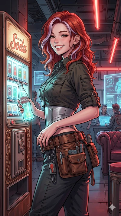 score_9, masterpiece, best quality, ultra-detailed, high-budget anime keyframe, Caucasian woman, strictly human ears. Upper body close-up from the thighs up, character filling the screen for maximum presence. Standing next to a retro soda machine in 