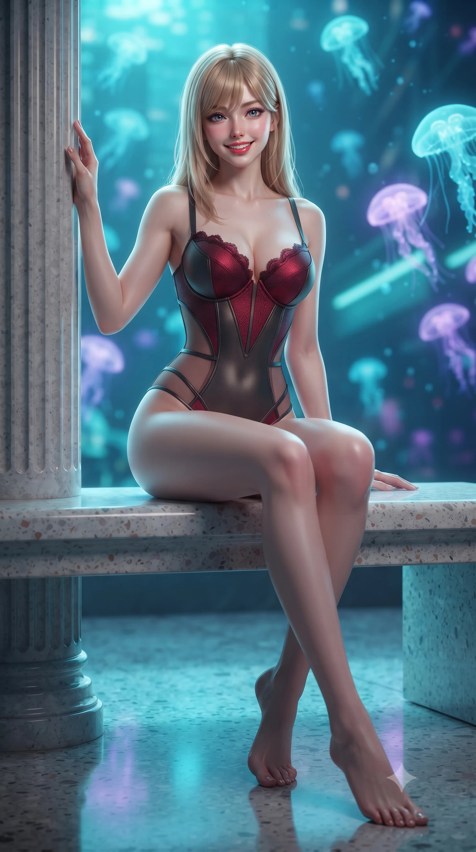 score_9, masterpiece, best quality, ultra-detailed, high-budget anime keyframe, editorial fashion photography, tasteful artistic composition, Japanese woman. low angle full-body shot from head to toe showing her feet, filling the entire 9:16 vertical frame with her statuesque presence, stretching her vertical silhouette. standing tall beside the architectural column, one hand resting high while arching her lower back to emphasize her sculpted feminine hips and slender waist while sitting gracefully on the polished terrazzo bench with legs crossed, flashing an enchanting smile with parted glossy lips. The background shows a soft-focus drifting swarms of cyan and lavender bioluminescent jellyfish, streaks of submerged maglev lights, and deep ocean floor blurred into turquoise, lilac, and sapphire bokeh. She has an exceptionally tall and slender model-like 8.5-heads proportion, an ultra-slim waist, a flat toned midriff, narrow delicate ribcage, and beautifully sculpted feminine hips creating a graceful, slim hourglass silhouette without any bulky heaviness, with impossibly long slender legs. sharp v-shaped jawline, high-bridge nose, intricate jewel-like sparkling eyes with depth, thick eyelashes, glossy parted lips with a natural peach sheen, bright cheerful beaming smile with an enchanting and coquettish sensual glint, exuding both youthful cute charm and seductive allure, flawlessly proportioned anatomical accuracy, strict slender model proportions, natural body alignment, perfectly sculpted long slender limbs, ultra-slim waistline, clean dynamic posture without body distortion. wearing an alluring plunging sweetheart tactical bodice with sheer mesh side-waist cutouts contouring her ribs in deep crimson hazard red and matte dark titanium, tailored from high-density tech-wool with subtle metallic thread weave, finished with scalloped eyelash lace trim framing her sweetheart neckline with intimate elegance, the liquid-tight tailored fabric clinging flawlessly to her narrow waist and rounded feminine hips, emphasizing every millimeter of her sculpted slim hourglass curves without any bulky heaviness. illuminated by polished floor reflection bounce and sharp aquamarine rim lights defining her jawline, narrow waist, and curvy hips. ultra-reflective glossy finish, specular highlights, rich textural contrasts, high-contrast stereoscopic depth, volumetric dynamic lighting, 2k, ultra detail, master piece, 9:16 ratio