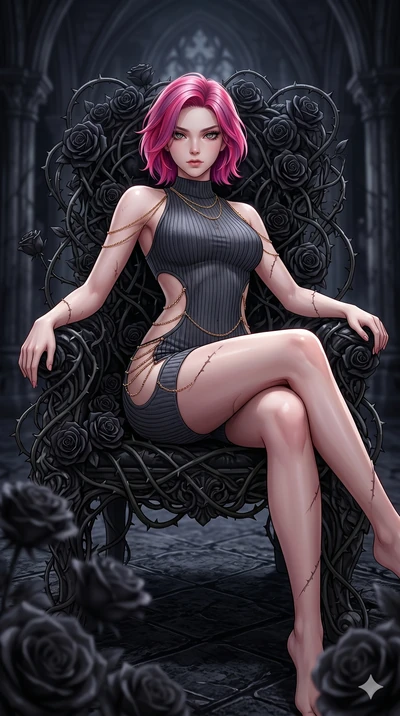 score_9, masterpiece, best quality, ultra-detailed, High-budget Anime Keyframe, East Asian woman. Dynamic full-body shot stretching the vertical silhouette to the limit. Scenario 10: Resting on a throne of black roses, thorns grazing her skin. Her pr