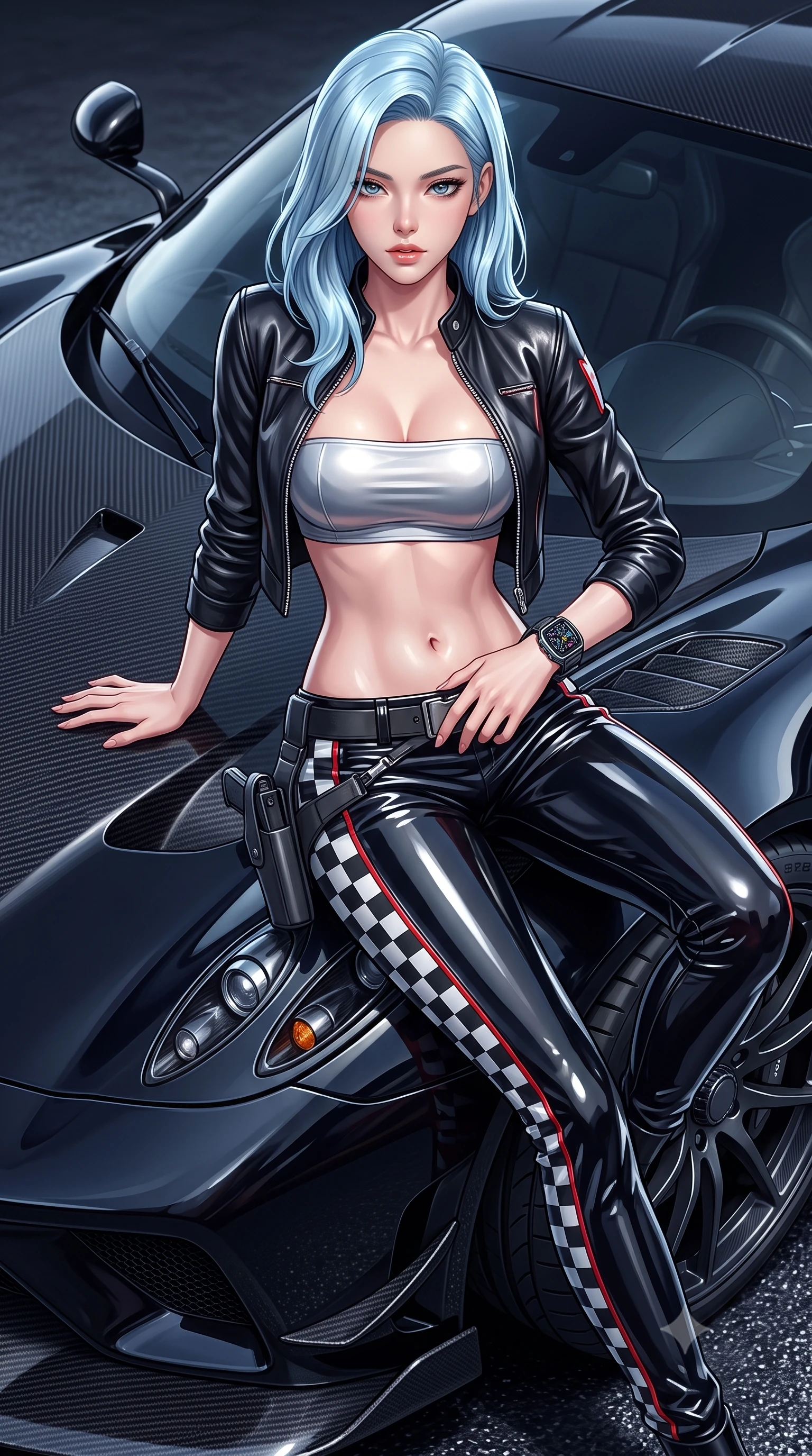 score_9, masterpiece, best quality, ultra-detailed, high-budget anime keyframe, semi-realistic 3D game render, editorial fashion photography, tasteful artistic composition, Korean woman. close-up cowboy shot from the waist and thighs up, the character dominates the composition, filling the frame with her large presence. leaning back with relaxed seductive grace, her sculpted collarbones highlighted by light, casting smoldering bedroom-eyes directly into the lens while sitting poised on the glossy carbon-fiber hood of a midnight hypercar, one leg extended and torso angled back with seductive confidence. The surrounding environment is rendered in vivid detail and crisp panoramic clarity. sharp carbon-fiber weave textures, polished hypercar body reflections, and tire tread grooves in deep focus. She has an exceptionally elegant, slender, and willowy female figure with an ultra-slim waist, a gracefully sculpted slender torso, toned flat midriff, and a refined slim silhouette. sharp v-shaped jawline, high-bridge nose, intricate jewel-like eyes with depth, thick eyelashes, glossy parted lips with a natural sheen, intensely captivating and seductive expression, flawlessly proportioned anatomical accuracy, strict slender model proportions, natural body alignment, perfectly sculpted long slender limbs, ultra-slim waistline, clean dynamic posture without body distortion. wearing a cropped leather racing jacket unzipped over a reflective silver bandeau top and low-rise carbon track pants in monochrome checkerboard black and white with red accents, tailored from high-gloss patent vinyl with sharp specular chiaroscuro, equipped with a low-slung utility holster and racing telemetry smartwatch, the athletic second-skin cut highlighting her toned flat midriff and slender model proportions during dynamic action. illuminated by wet specular asphalt bounce lights sculpting her toned midriff, slender waist, and long legs. highly saturated vibrant anime colors, detailed shading with soft gradients, rich glossy textures, high-contrast stereoscopic depth, volumetric dynamic lighting, master piece, 9:16 ratio