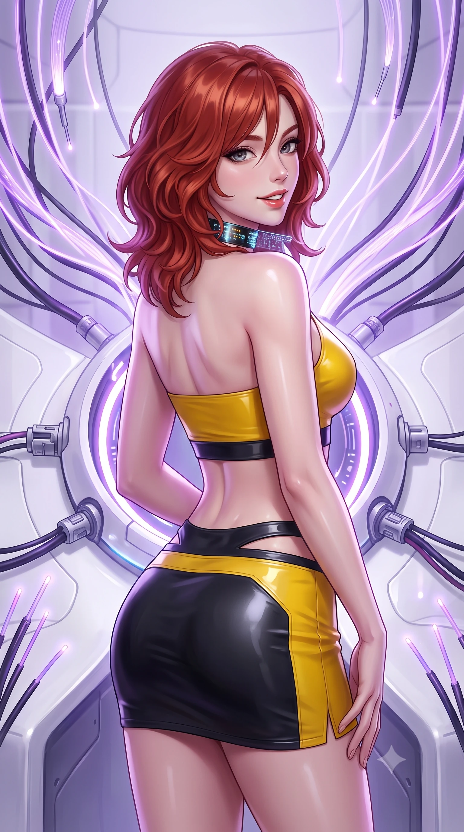 score_9, masterpiece, best quality, ultra-detailed, high-budget anime keyframe, semi-realistic 3D game render, editorial fashion photography, tasteful artistic composition, Korean woman. close-up cowboy shot from the waist and thighs up, the character dominates the composition, filling the frame with her large presence. posing in an alluring rear three-quarter angle, turning over a bare shoulder with an intoxicating gaze, her hips cocked back to highlight her slim hourglass curve against the glowing reactor while standing centered amidst floating fiber-optic neural cables that respond to her movement, arching her spine with ethereal, cybernetic majesty. The surrounding environment is rendered in vivid detail and crisp panoramic clarity: sharp fiber-optic light tips, brushed white composite surfaces, and neural port hardware clarity in deep focus. She has an exceptionally elegant, slender, and willowy female figure with an ultra-slim waist, flat toned midriff, narrow ribcage, and sculpted feminine hips creating an alluring, slim hourglass silhouette without bulk. sharp v-shaped jawline, high-bridge nose, intricate jewel-like sparkling eyes with depth, thick eyelashes, glossy parted lips with a natural sheen, bright confident smile with an enchanting and coquettish sensual glint, exuding both youthful magnetic charm and sovereign high-tech allure, flawlessly proportioned anatomical accuracy, strict slender model proportions, natural body alignment, perfectly sculpted long slender limbs, ultra-slim waistline, clean dynamic posture without body distortion. wearing a body-hugging modern carbon-alloy crop top paired with a low-rise tactical skirt and a subtle waist cut-out in industrial hazard yellow and matte carbon black, made of smooth liquid latex with high-contrast stereoscopic depth and wet shine, complemented by a high-tech holographic choker projecting miniature glyphs, the high-waisted tailoring accentuating her ultra-slim waistline and the enchanting curve of her feminine hips with alluring dark charm. bathed in soft diffuse white laboratory light and vibrant violet neural fiber glows. highly saturated vibrant anime colors, detailed shading with soft gradients, rich glossy textures, high-contrast stereoscopic depth, volumetric dynamic lighting, master piece, 9:16 ratio